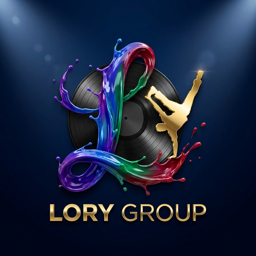 AI Design for A high-end 3D dynamic logo featuring a stylized letter 'L' formed from vibrant, splashing liquid paint in gradients of purple, blue, green, and red. The liquid form is elegantly intertwined with a sleek vinyl record and a dynamic, golden silhouette of a breakdancer in motion, set against a deep navy background with glossy, reflective textures. Cinematic lighting highlights the liquid contours and metallic gold accents, creating an energetic party atmosphere with a modern, bold typography reading 'Lory Group' integrated into the composition.