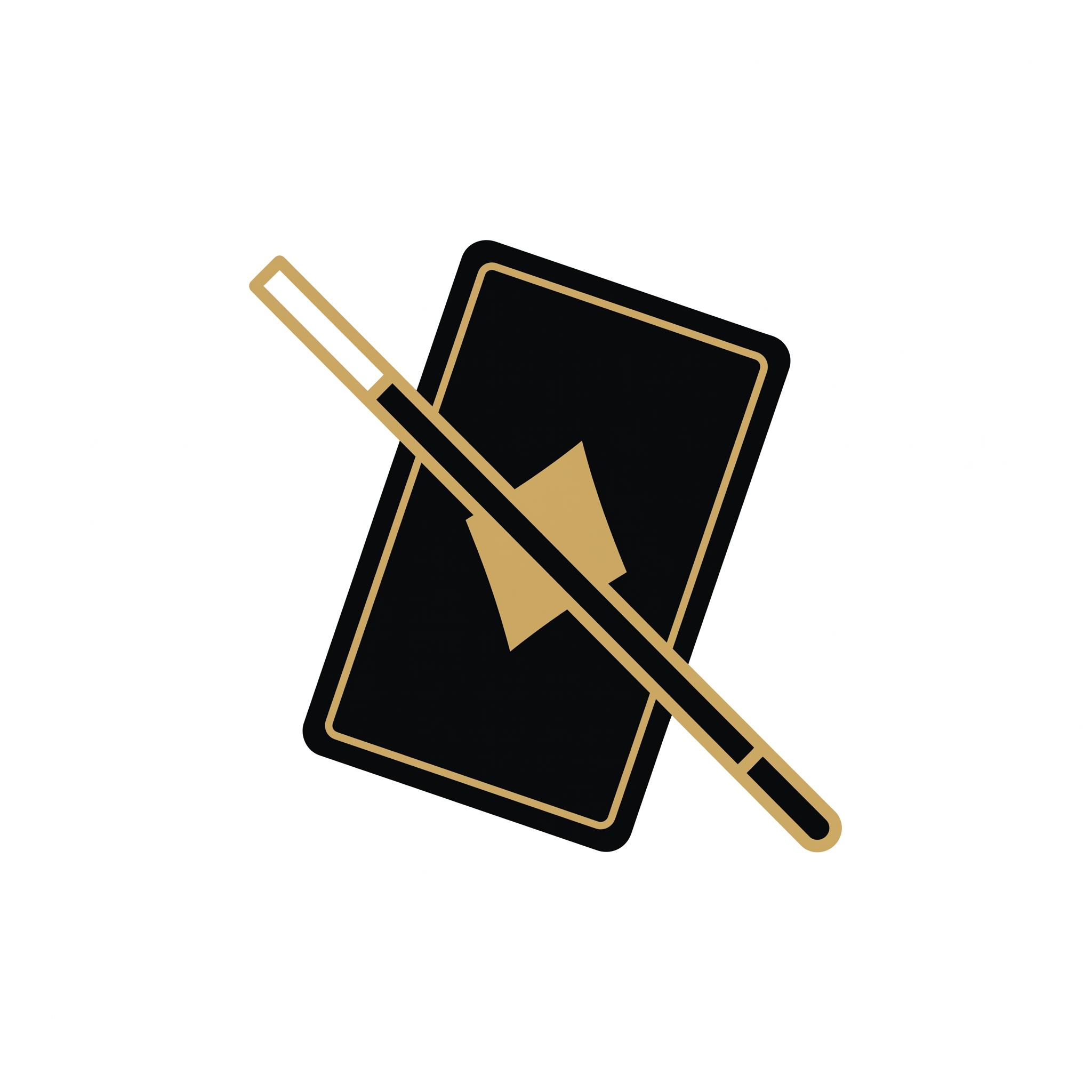 AI Design for A luxury minimalist vector icon featuring a tilted black playing card with a thin, elegant gold border and a single gold diamond in the center, crossed diagonally by a sleek, minimalist gold magic wand. The design uses a sophisticated matte gold and deep black color palette against a pristine white background. Emphasize clean, sharp lines, flat vector aesthetics, and a high-end, professional composition with no text or shadows.
