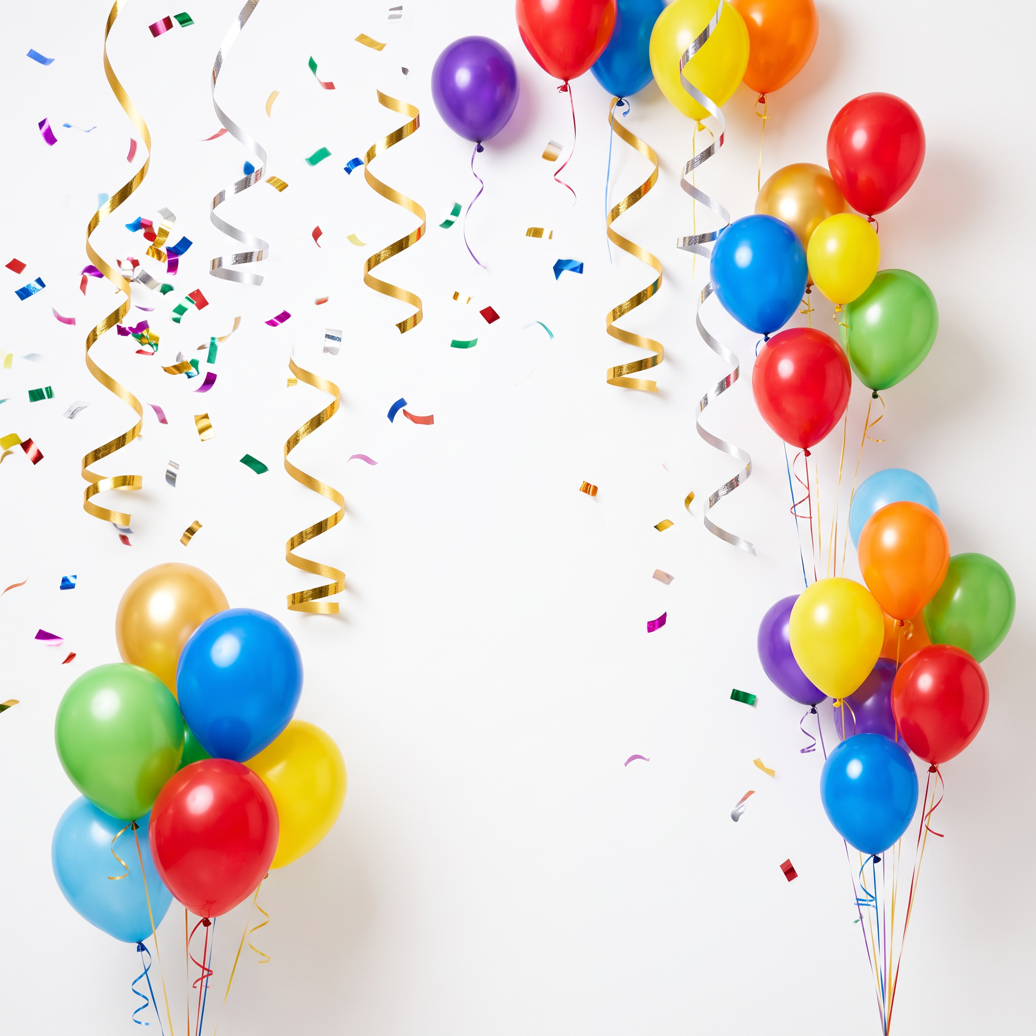 AI Design for A festive and celebratory composition featuring colorful confetti, gold streamers, and vibrant balloons floating elegantly against a clean, minimalist pure white background. The lighting is bright and cheerful with soft shadows, capturing a joyous atmosphere perfect for weddings and special events, with a high-end, clean commercial photography aesthetic.