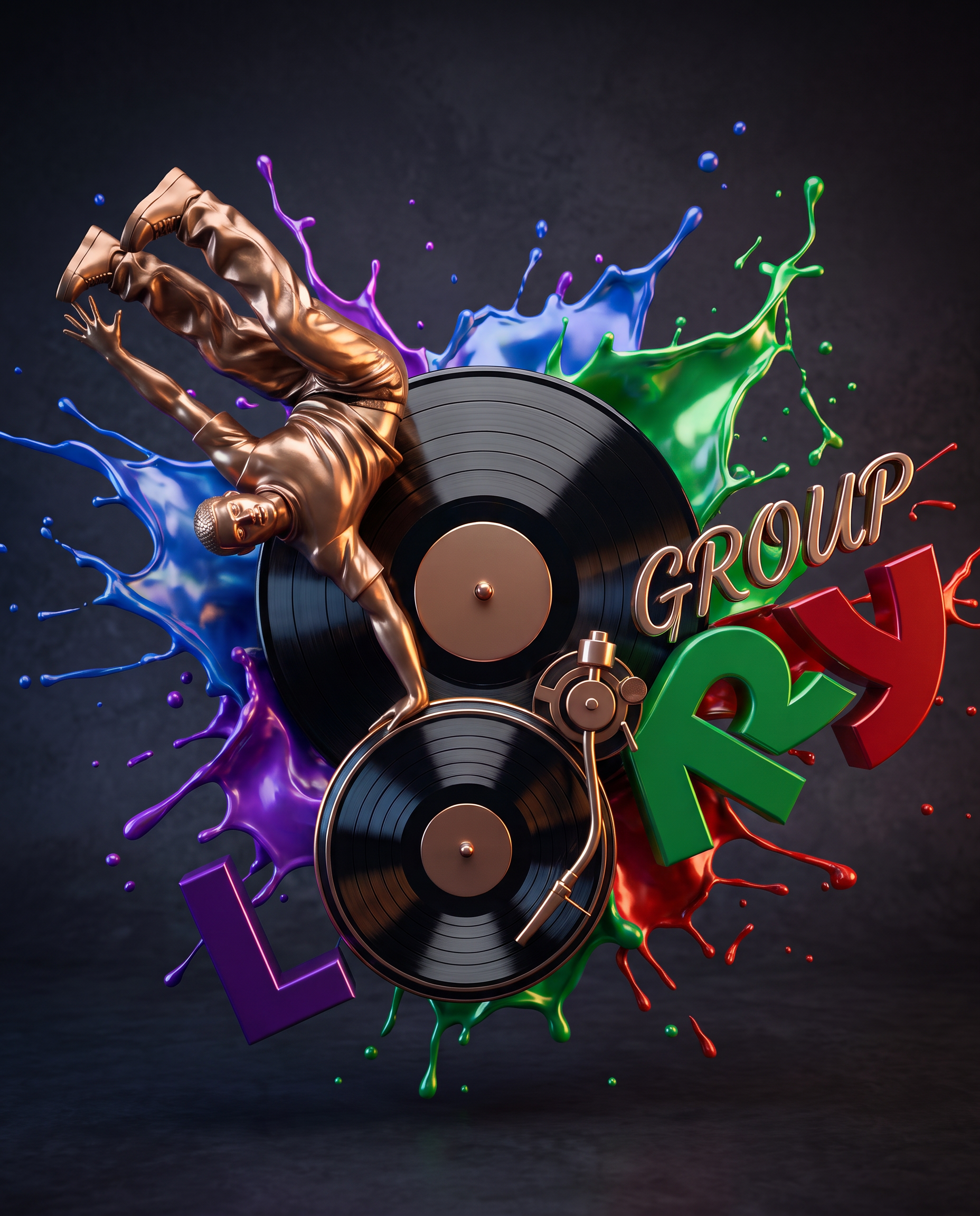 AI Design for A high-end 3D composition featuring {{asset:LORY_GROUP_LOGO}} integrated into a dynamic sculptural scene. At the center, a meticulously detailed bronze breakdancer sculpture performs a power move atop a reflective, glossy black vinyl record. The typography is rendered in premium materials, with 'LORY' in bold 3D letters featuring vibrant violet, green, and red metallic finishes, set beneath a sleek, polished 'GROUP' in chrome. The entire scene is brought to life by an artistic explosion of kinetic paint splashes and cinematic studio lighting that emphasizes rich metallic textures, deep shadows, and a sophisticated urban aesthetic.