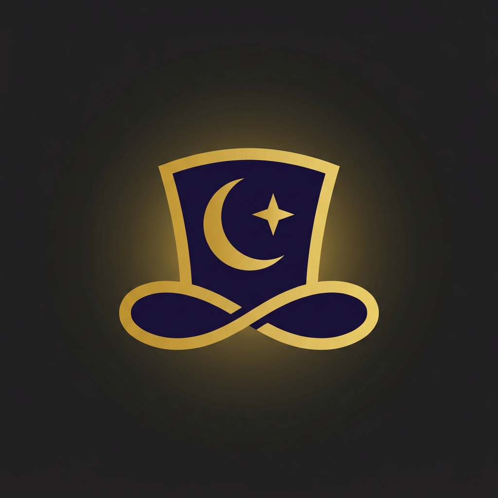 AI Design for A minimalist and elegant logo for a high-end magic brand. Abstract geometric symbol combining a subtle magician's hat, a crescent moon, and a sparkling star, merged into a single flowing icon. Luxury vector design, smooth gradients, deep royal purple (#1a1030) and luminous gold (#d4af37) colors. Dark charcoal background. No text, no letters, no words. Clean, sharp, professional corporate identity. Isolated on black background with golden glow. 8k, symmetrical, sleek --ar 1:1 --style raw --v 6.0