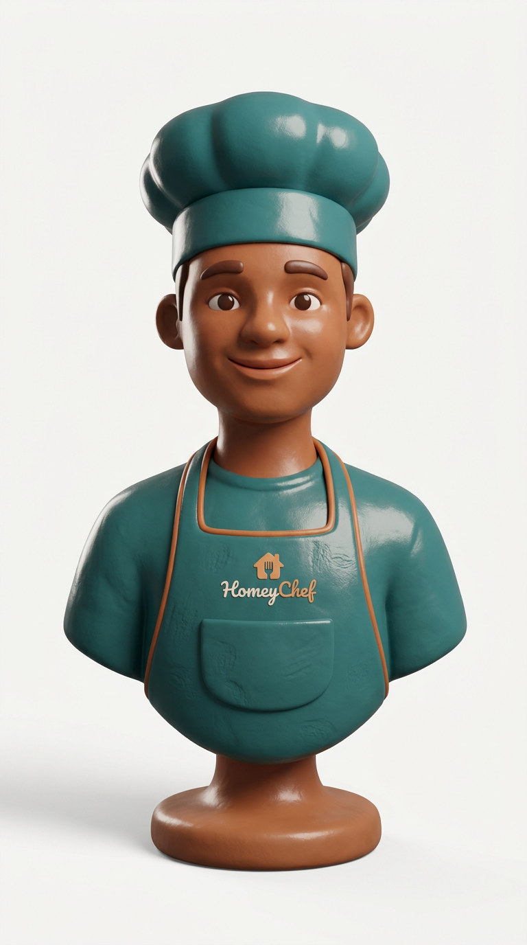 A high-quality 3D clay-style character bust of a friendly home chef with warm brown skin, wearing a simple chef hat and apron in [حط هون لون هوية HomeyChef]. The character features stylized oversized head proportions, a welcoming smile, and smooth, glossy textures, rendered with soft studio lighting and subtle contact shadows directly beneath, isolated on a solid white background for easy transparency masking.