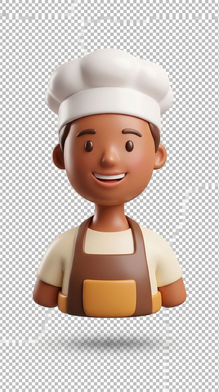 Create a single 3D rendered character illustration, isolated on a transparent background (PNG with alpha channel, no background at all).

Style specifications:
- 3D clay/toy render style, smooth rounded glossy surfaces
- Soft studio lighting with subtle shadows directly under the character only (no background shadow)
- Slightly oversized head proportions (stylized, not realistic)
- Warm, friendly, approachable expression

Character: A home chef — wearing a simple chef hat and apron, warm welcoming smile, mid-30s appearance, cropped at chest/shoulders (bust shot)

Color palette:
- Skin tone: warm brown
- Apron/hat accent color: [حط هون لون هوية HomeyChef]

Framing:
- Character centered in frame with generous padding on all sides
- Isolated subject only — absolutely no background elements, no ground shadow beyond directly under the character
- Square canvas, high resolution

Output: transparent PNG, isolated character only, no text, no logos, no watermarks