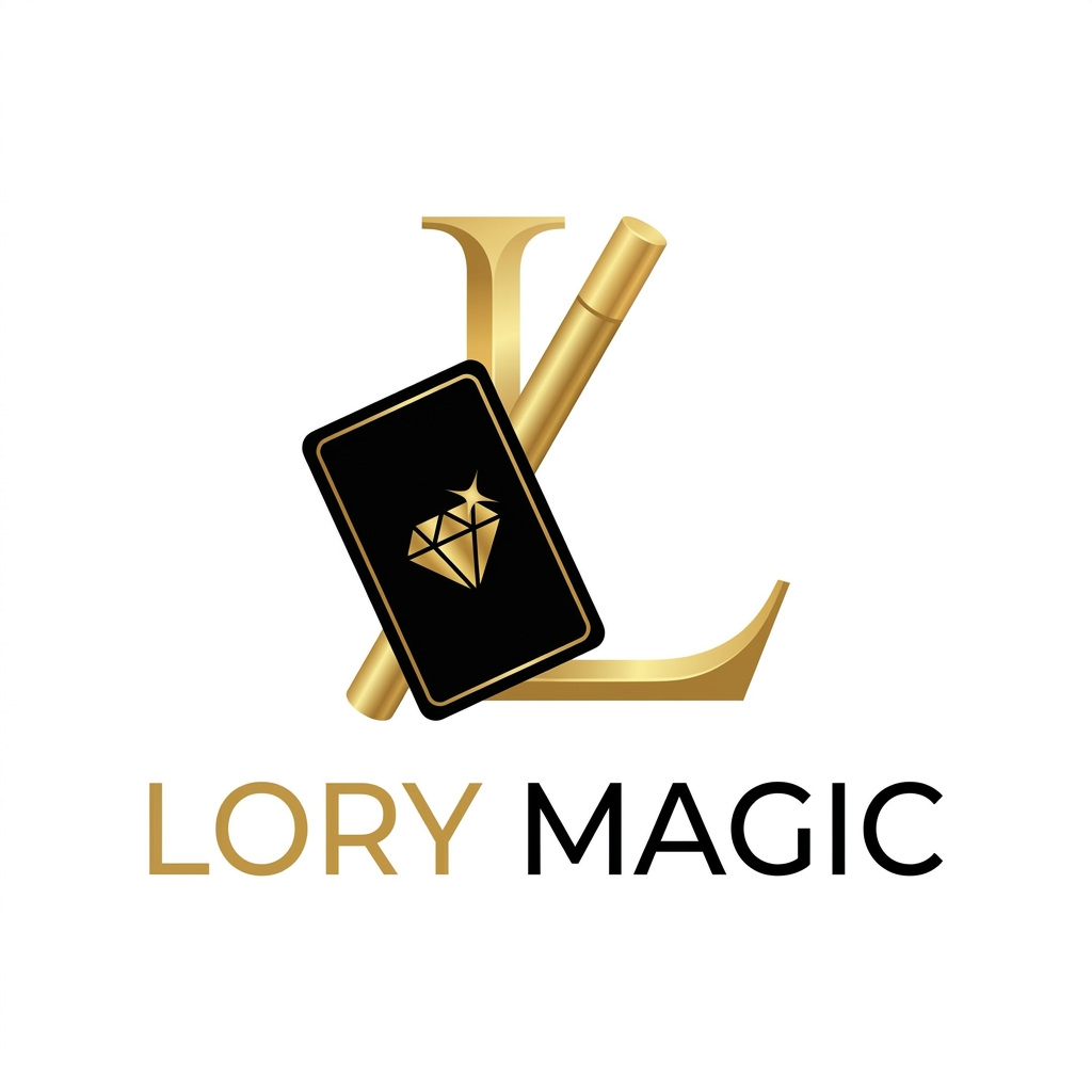 AI Design for A luxury minimalist logo for a magic store called "Lory Magic". The main icon is a bold and elegant modern letter "L" formed by a sleek, 3D golden magic wand. A subtle, high-end black playing card with a thin gold border overlaps the letter. A sparkling diamond shape in the middle. Professional, premium, 2D vector style with subtle gold gradients. Black and gold color palette, clean white background, highly detailed, jewelry-grade aesthetics. --no messy lines, shadows, complex 3d