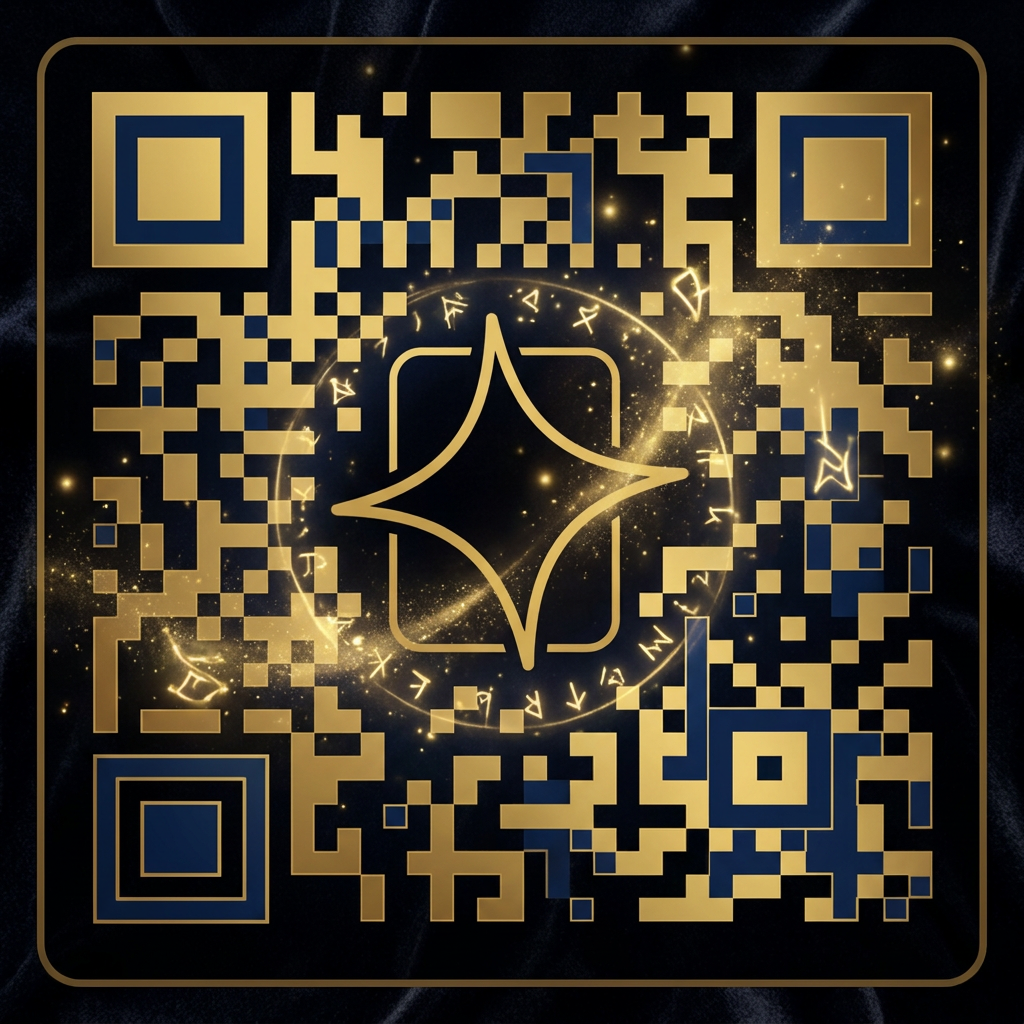 AI Design for A professional and mysterious QR code design for a magic shop, seamlessly integrating {{asset:logo}} into the center of the scannable pattern. The aesthetic features a dark, velvet-themed background with subtle golden ethereal sparkles, glowing magical elements, and a high-contrast finish to ensure perfect scanability. The composition is clean, sophisticated, and evokes a sense of wonder and illusion, suitable for a professional website landing page.
