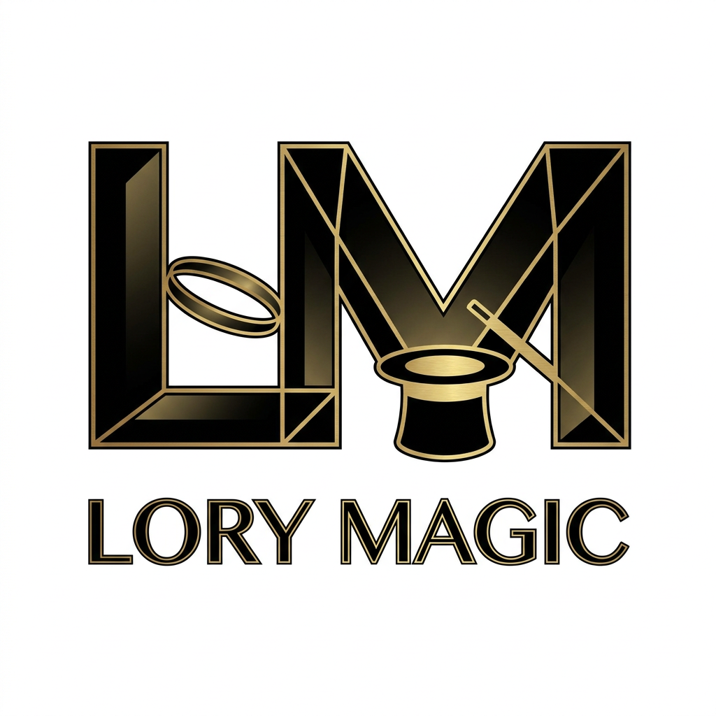 AI Design for A sleek and professional logo for a magician's supply store "Lory Magic". The logo features the interlocking letters "L" and "M" made from a thin, gold wireframe. Inside the letters, there are subtle optical illusions (like a floating ring and a magic hat). Minimalistic, geometric, luxurious magic theme, high-end look, black and gold gradients, vector illustration, white background.