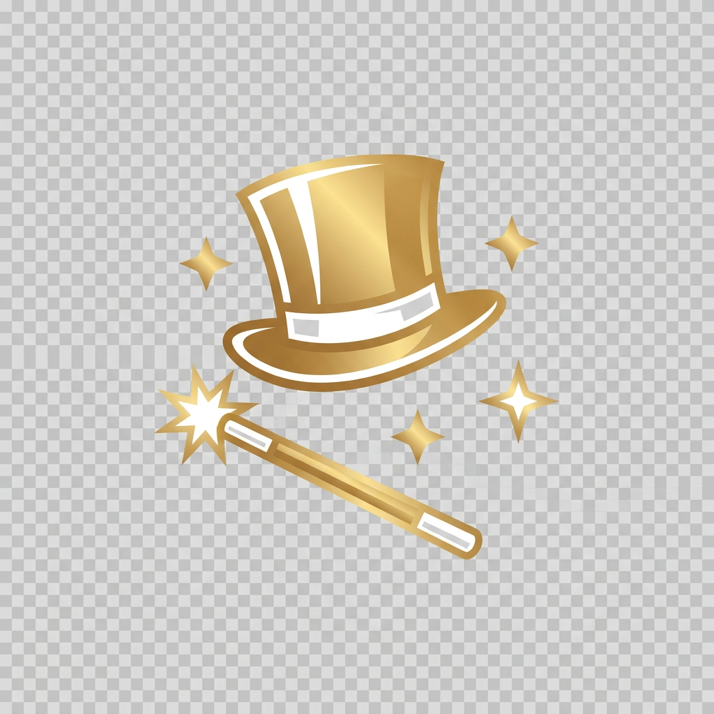 AI Design for A luxury magic shop logo icon. A stylized vintage magician's top hat floating above a glowing magic wand, surrounded by 3 subtle sparkle stars. Minimalist flat vector design, sharp edges, premium brand identity. Color palette: rich dark purple background, metallic gold and pure white details. No text, no typography, just the symbol. Highly detailed gold gradients, elegant, mysterious, professional. Clean cutout on transparent background --ar 1:1 --v 6.0