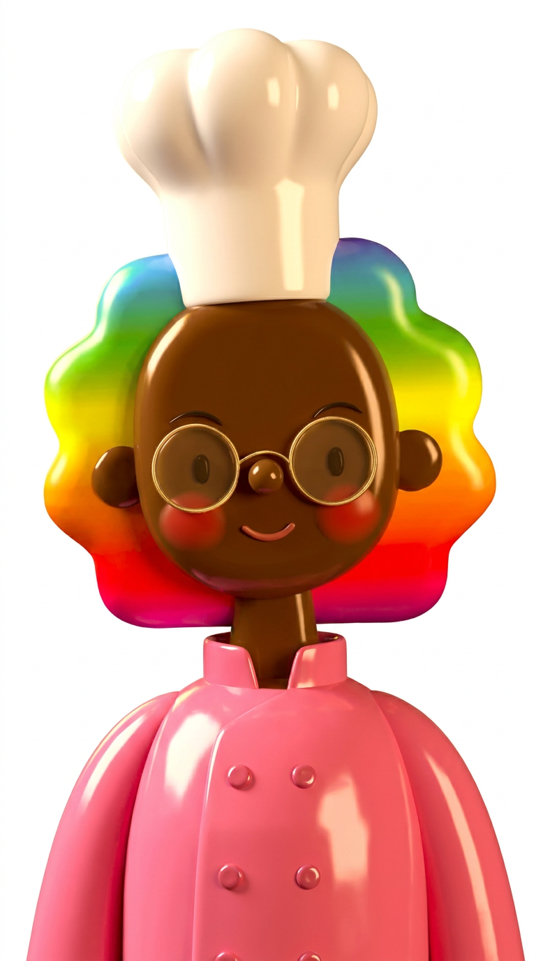 3D claymation style, a female chef character, dark brown skin, huge rainbow afro hair, round gold-rimmed glasses, small nose, rosy cheeks, smiling, wearing a white chef hat (toque) and a shiny pink chef uniform, glossy plastic texture, bright studio lighting, white background, highly detailed, cute character design.