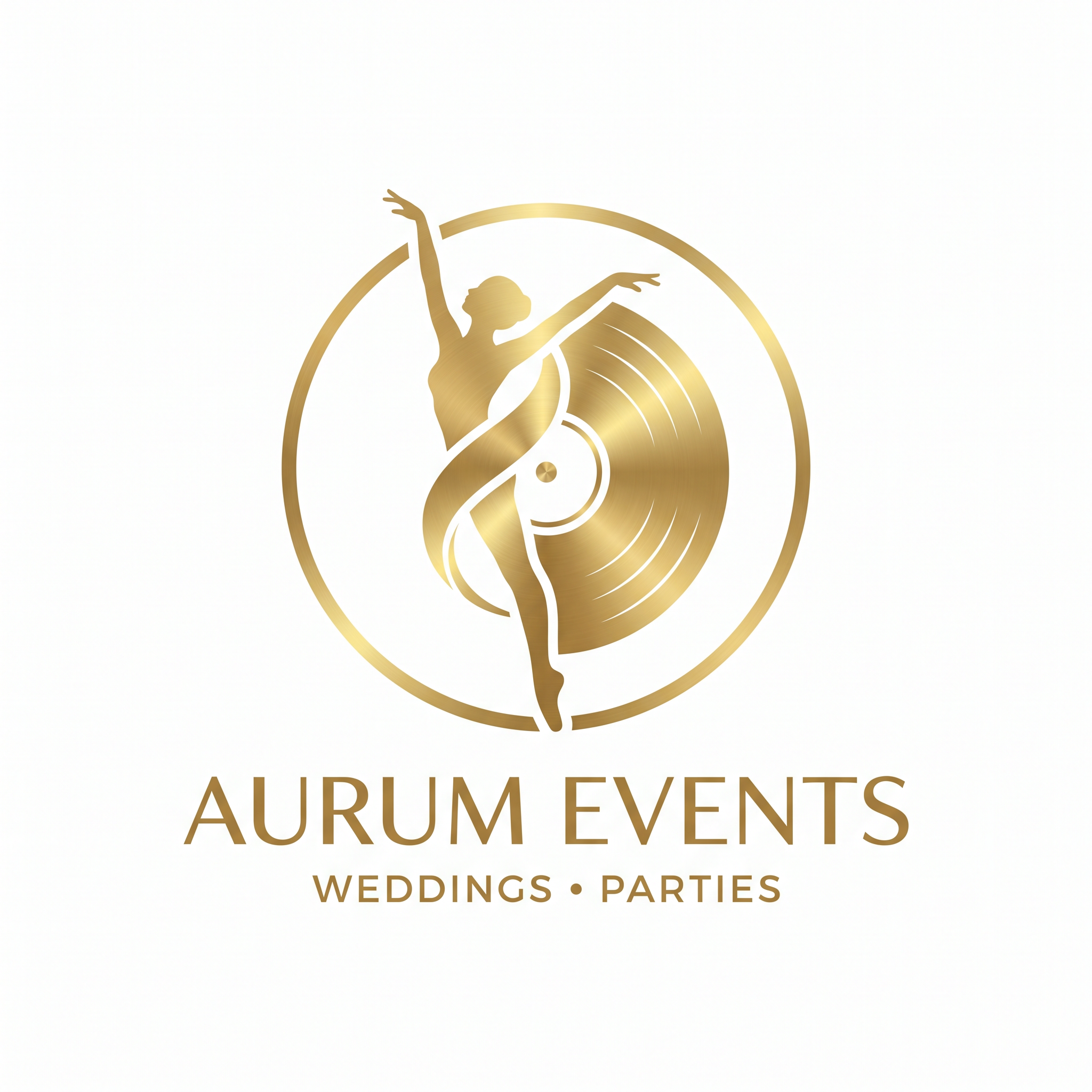 AI Design for A minimalist and luxurious logo design for an events company featuring a refined silhouette of a graceful dancer intertwined with a sleek vinyl record, enclosed within a clean circular frame. The design uses a flat vector style with a sophisticated gold metallic finish against a crisp white background, emphasizing high-end professional branding that is versatile for both weddings and children's parties.