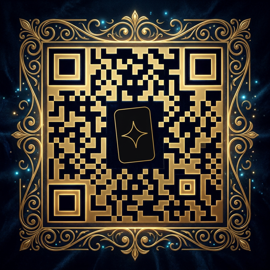AI Design for A highly stylized, professional QR code that seamlessly integrates {{asset:Logo}} into its design, maintaining full scannability for the magic shop website. The aesthetic should be mysterious and enchanting, featuring a dark, elegant color palette with subtle glowing magical particles, deep velvet textures, and intricate ornate patterns surrounding the functional QR matrix. High-contrast composition to ensure the code remains fully readable by any mobile scanner while reflecting the brand's identity as a premium magic and illusion shop.