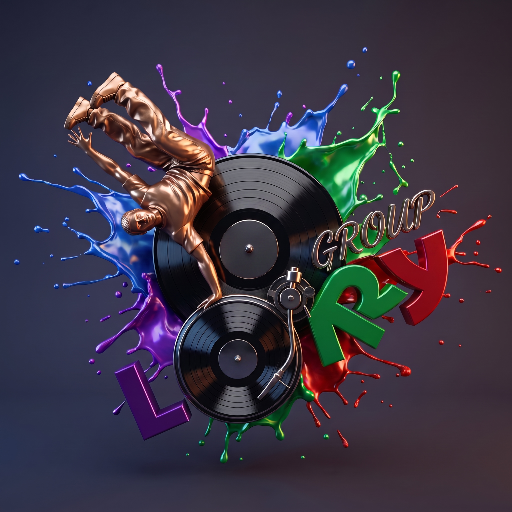 AI Design for A high-end 3D composition featuring {{asset:LORY_GROUP_LOGO}} integrated into a dynamic sculptural scene. At the center, a meticulously detailed bronze breakdancer sculpture performs a power move atop a reflective, glossy black vinyl record. The typography is rendered in premium materials, with 'LORY' in bold 3D letters featuring vibrant violet, green, and red metallic finishes, set beneath a sleek, polished 'GROUP' in chrome. The entire scene is brought to life by an artistic explosion of kinetic paint splashes and cinematic studio lighting that emphasizes rich metallic textures, deep shadows, and a sophisticated urban aesthetic.