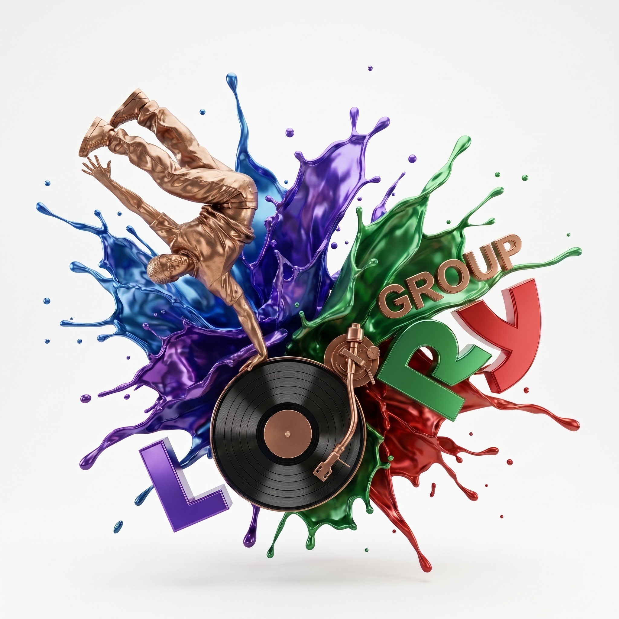 AI Design for A detailed, high-resolution 3D studio photograph of the complete LRY Group logo assembly from image_1.png, re-staged centrally against a seamless, uniform, pure white background, but with a refined and sophisticated new color palette. All elements from image_1.png are meticulously preserved and rendered with sharp detail: the bronze b-boy statue performing the upside-down freeze pose, balanced perfectly on the black vinyl record with its bronze record adapter and tonearm. Surrounding them is the massive, dynamic liquid splash burst, but with its color scheme changed to a more harmonious, rich gemstone and sophisticated metallic palette. The splash burst now flows in deep Sapphire blue, rich Imperial Purple, rich Emerald green, and deep Ruby red, blending and splashing dynamically, all in deeper, more saturated, jewel-like tones that are more cohesive. Floating fluid droplets are retained, now colored in these deep jewel tones. The bronze 3D text 'GROUP' is positioned above the record, matching the bronze statue. The large 3D letters below are 'LRY', with each letter's color updated: the 'L' is deep Imperial Purple, the 'R' is rich Emerald green, and the 'Y' is deep Ruby red, matching the new splash colors but in their solid forms. The overall composition is clean and focused. The lighting is clean and even, highlighting the detailed metallic textures and the glossy, deep gemstone-colored liquids. Only a very subtle, soft contact shadowgrounds the entire floating composition onto the white background. The text "LRY" and "GROUP" is clearly legible in English.
