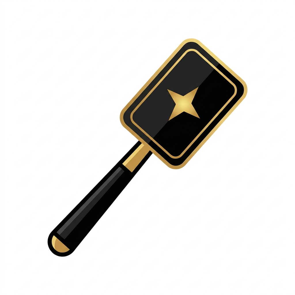 AI Design for A minimalist vector logo design of a magical wizard wand. The wand features a sleek gold and black handle, topped with a black playing card shape outlined in a refined gold border, featuring a glowing four-pointed star at its center. Clean lines, elegant fantasy aesthetic, sharp edges, flat vector style isolated on a pristine white background.
