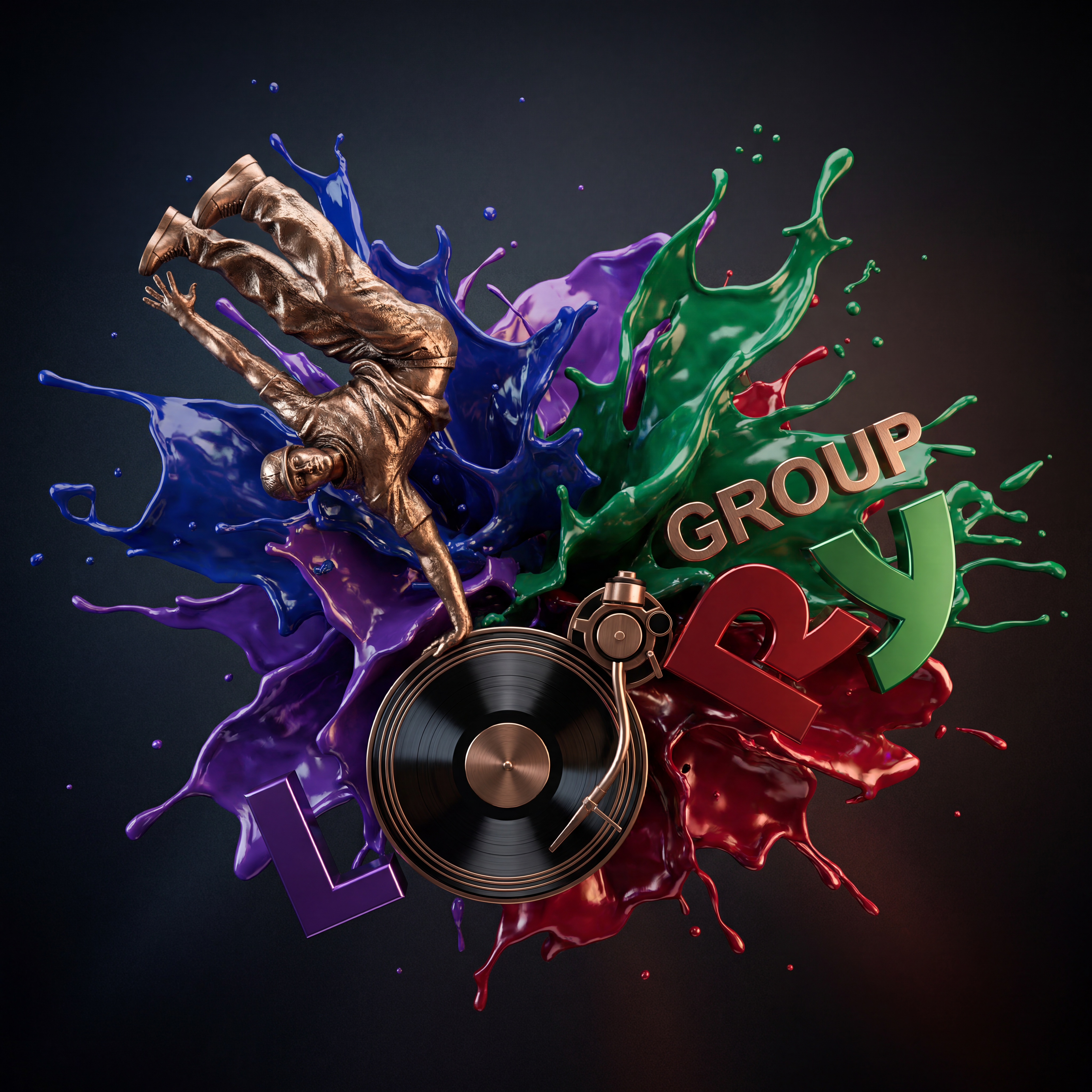AI Design for A premium 3D transformation of a logo featuring {{asset:LORY_GROUP_LOGO}}. The center showcases a highly detailed bronze breakdancer sculpture in a dynamic pose, balancing on a glossy black vinyl record. Below, the word 'LORY' is rendered in bold 3D letters with distinct vibrant finishes—violet for L, green for R, and red for Y—while 'GROUP' sits above in a sleek, polished metallic font. The scene is framed by an artistic burst of kinetic paint splashes in blue, violet, green, and red, utilizing cinematic studio lighting, deep shadows, and professional metallic textures to create a sense of high-end luxury and urban energy.