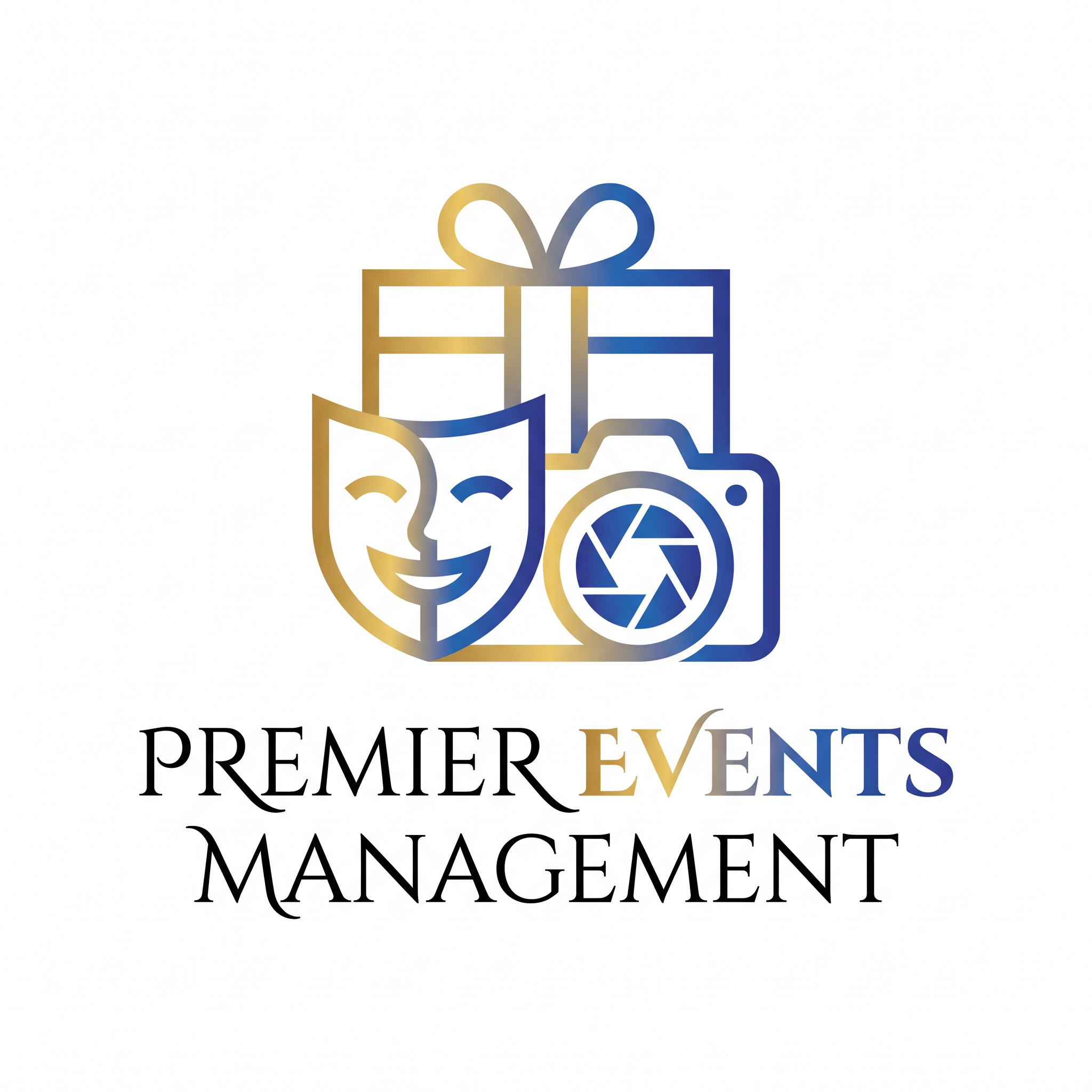 AI Design for A modern and minimalist logo for a multi-event management company, combining a stylized gift box with a theater mask and a camera lens. The design uses a gradient of gold and royal blue to represent elegance and fun simultaneously. Clean vector lines, elegant serif typography with a modern twist, white background, scalable vector graphic style, high-end party planner branding --ar 1:1 --v 6.0