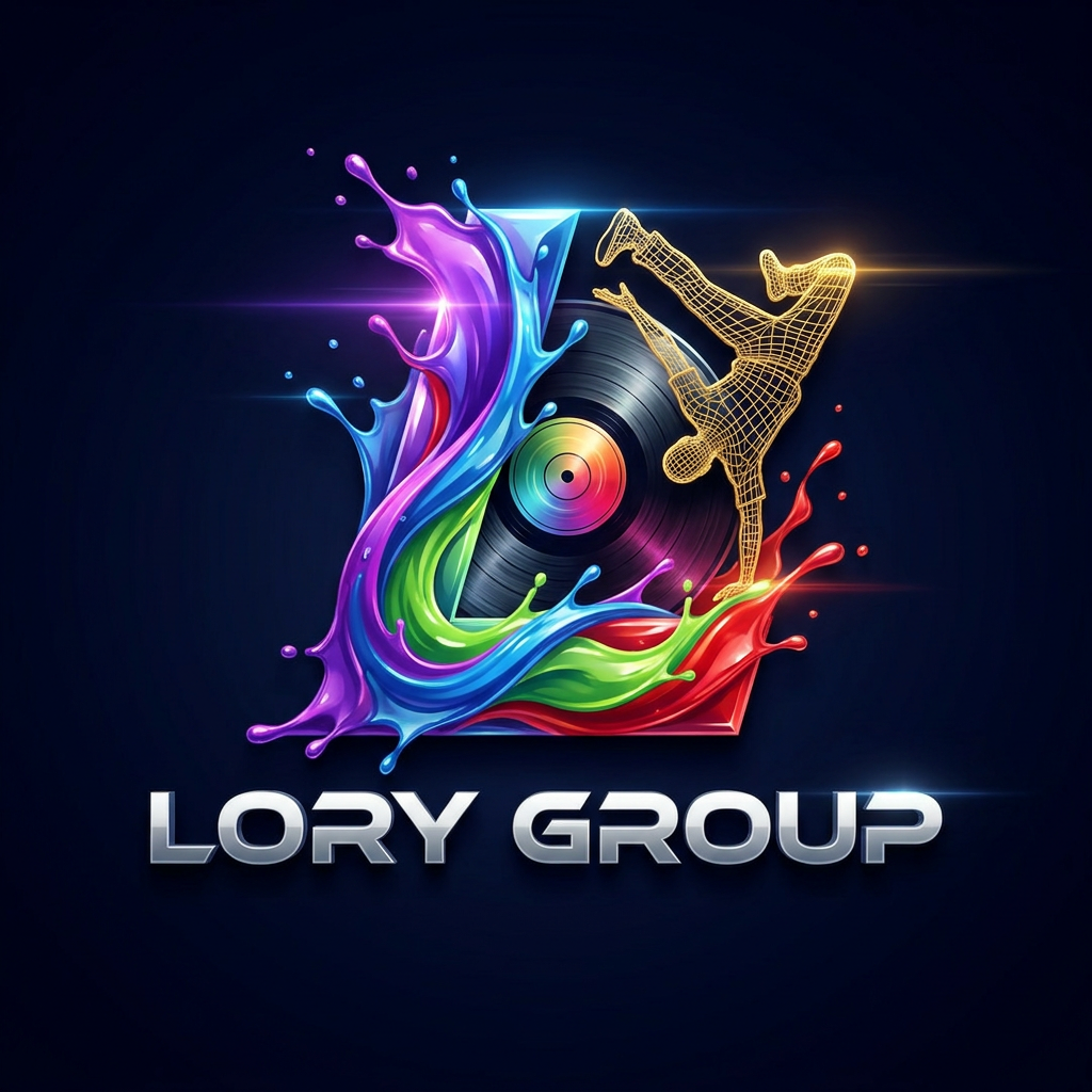 AI Design for A 3D dynamic logo for an event planning company named "Lory Group", featuring a stylized letter "L" made of splashing liquid paint in vibrant purple, blue, green, and red, intertwined with a vinyl record and a dynamic golden breakdancer silhouette. Dark navy background, glossy textures, high contrast, energetic, party mood, vector style, 8k, cinematic lighting, typography "L" in a modern bold font --v 6.0