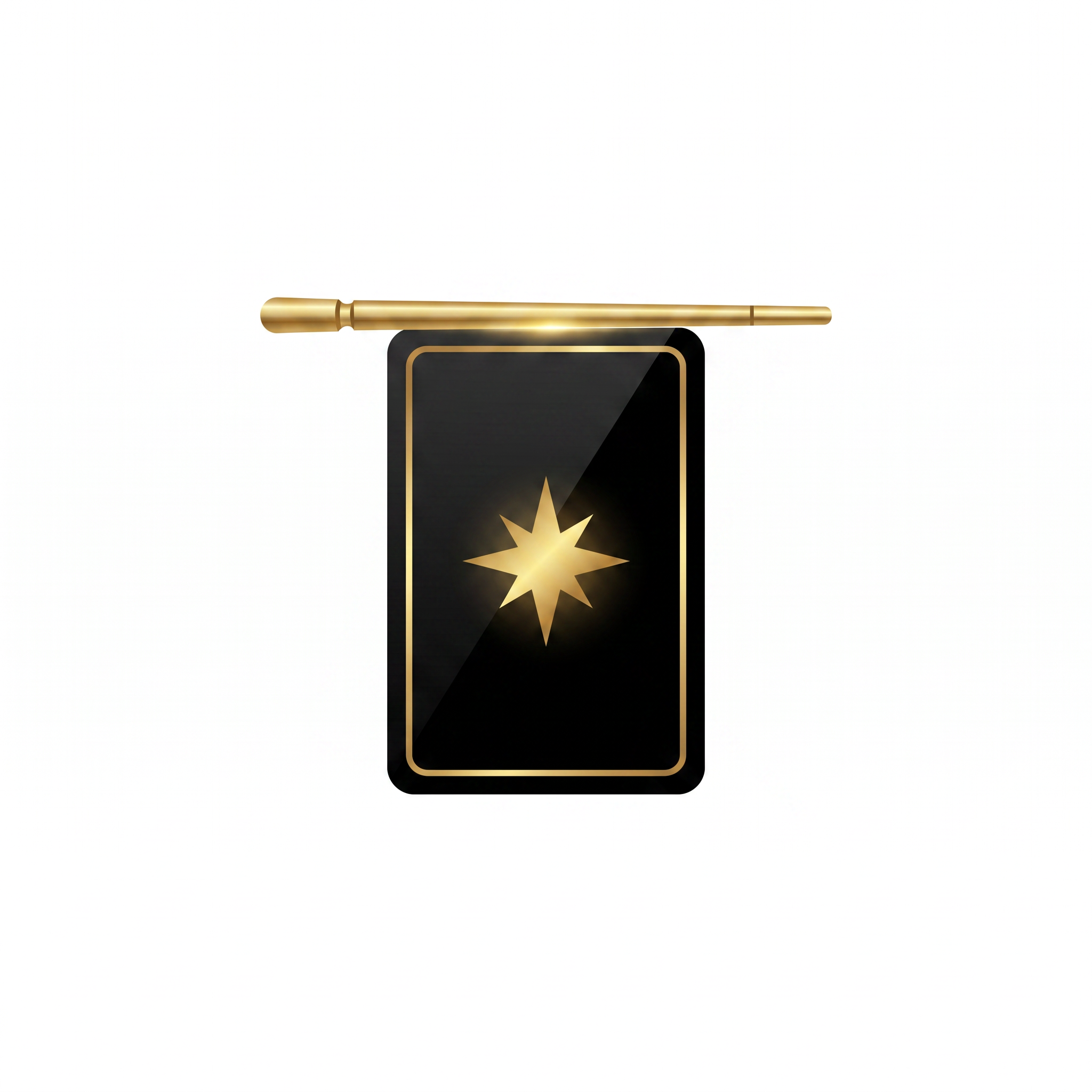 AI Design for An ultra-minimalist luxury logo icon. Only a modern black magic card with a gold border and a glowing gold star, and an elegant gold magic wand resting perfectly across the top edge of the card. No text, no letters, no words. Premium vector design, black and gold palette, white background, clean, sharp, sophisticated magic theme. --no text, typography, letters, words, names