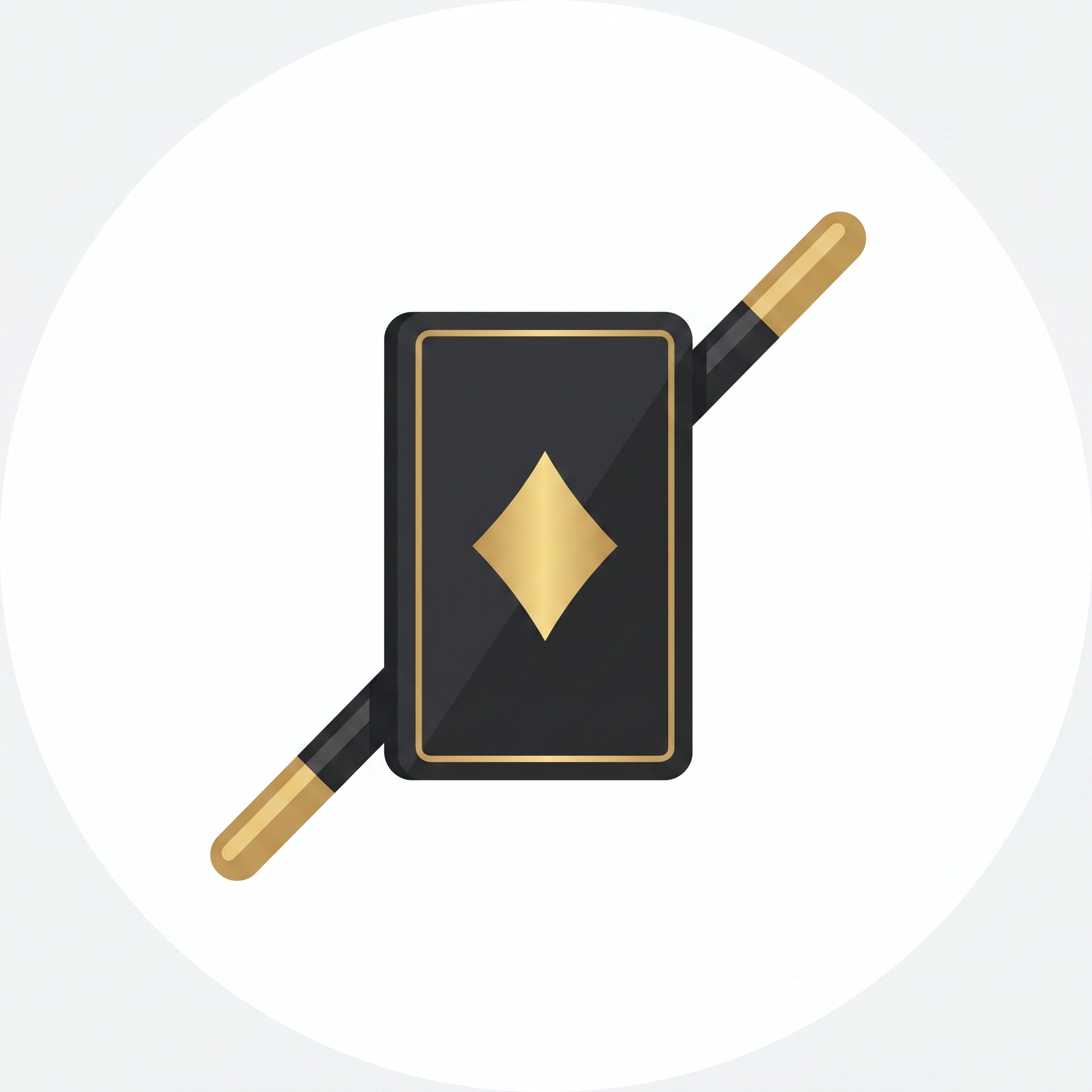 AI Design for An ultra-premium minimalist logo icon. Only a sleek, deep black playing card with a thin gold border and a bright gold diamond in the center. A thin, elegant, rounded gold and black magic wand crosses diagonally *behind* the card, out of frame. The card slightly overlaps the wand. No text, no typography, no words, no names. Flat vector style, smooth matte gold and charcoal black, pure white background, sophisticated magic theme, professional visual identity, strikingly elegant. --no text, letters, words, typography, names