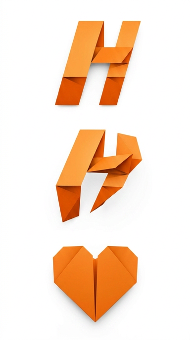 AI Design for Cinematic smooth 3D animation, app splash screen, pure white background, a 3D minimalist origami folded geometric orange structure (inspired by a modern letter H), smooth matte vibrant orange material, dynamic soft shadows. The orange geometric structure unfolds, twists smoothly in 3D space, and seamlessly morphs into a perfect 3D folded origami heart, retaining the exact same vibrant orange color and matte finish. Modern UI motion design, 4k resolution, Octane render, C4D aesthetic, smooth transition, bright and clean, vertical video 9:16 aspect ratio