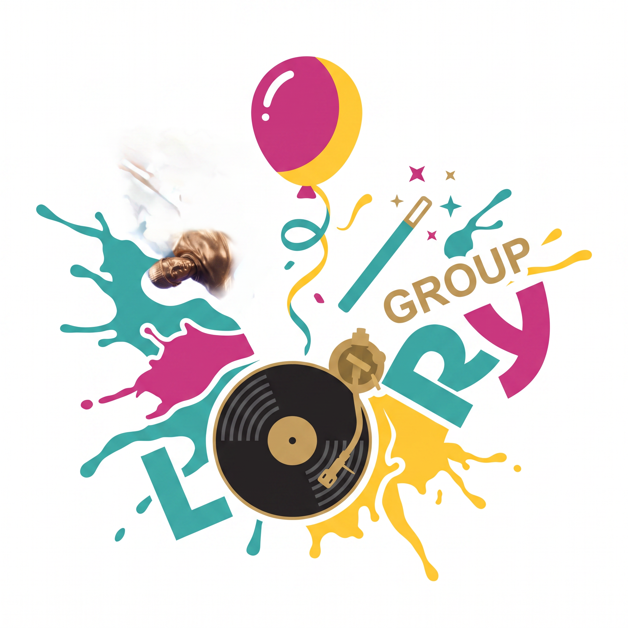 AI Design for A professional and vibrant logo design for an event planning company that specializes in celebrations, parties, and entertainment. The logo should feature a clean, modern aesthetic that incorporates joyful elements like a stylized party balloon, a celebratory streamer, or a subtle magic wand icon, reflecting the company's wide range of services from birthdays to corporate events. Use a bright, energetic color palette such as teal, magenta, and sunny yellow on a clean white background. The design should be minimalist enough for a website header while maintaining a playful, high-quality brand identity. The logo should integrate seamlessly with {{asset:logo_base}} to maintain brand consistency.