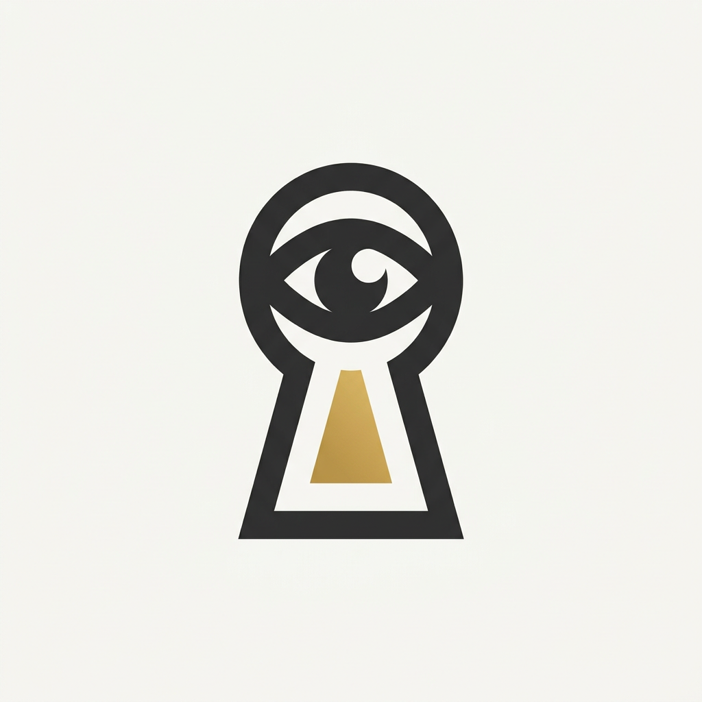 AI Design for A minimalist, high-end vector logo symbol for an online magic shop, utilizing clever negative space to create a sense of mystery and theatricality. The design should feature a clean, geometric monogram or abstract motif—such as a subtle keyhole, eye, or playing card silhouette—that reveals a secondary hidden shape upon closer inspection, avoiding all literal magic clichés like wands or top hats. Render in flat, solid charcoal black with a single accent of rich metallic gold or deep plum, ensuring the icon is perfectly legible at favicon scale with bold, confident linework and a balanced, centered composition.
