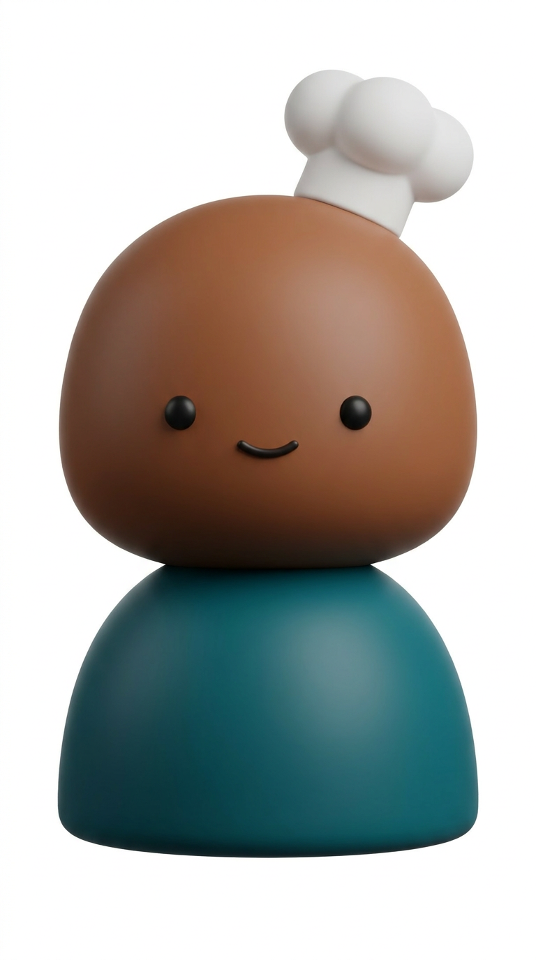 Using this exact same style: smooth matte 3D toy figurine, oversized round head, tiny simple dot eyes, small simple nose, minimal curved smile line, no eyebrows, no texture — rounded dome body base in solid color.

Generate a new character with:

- Skin/head color: [نفس البني أو لون تاني]

- Body/base color: [حط لون هوية HomeyChef]

- Distinguishing feature: a small white chef hat (toque) sitting on top of the head

Keep everything else identical to the reference style — same proportions, same minimal facial features, same lighting, same matte finish.

Background: pure white or transparent

No text, no watermark.