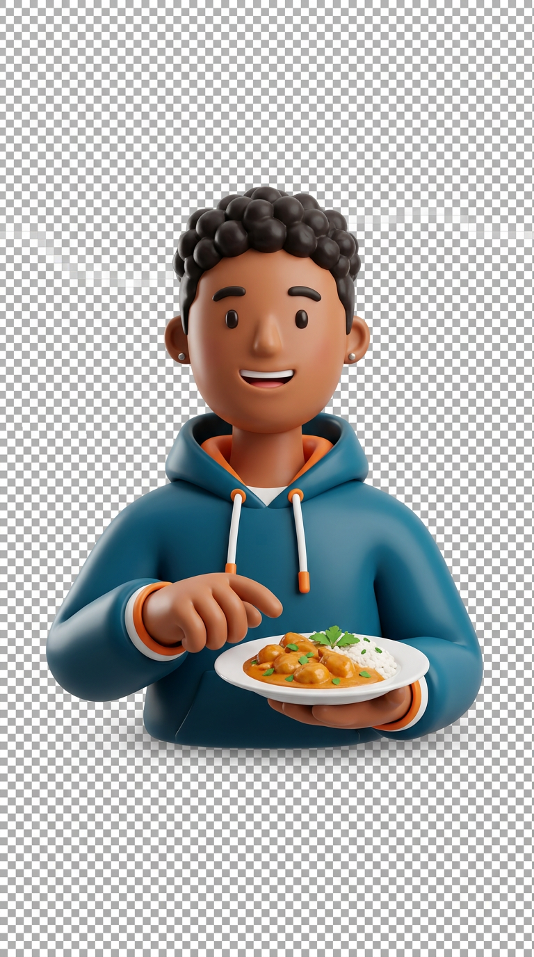 Create a single 3D rendered character illustration, isolated on a transparent background (PNG with alpha channel, no background at all).

Style specifications:
- 3D clay/toy render style, smooth rounded glossy surfaces
- Soft studio lighting with subtle shadows directly under the character only (no background shadow)
- Slightly oversized head proportions (stylized, not realistic)
- Genuine happy expression

Character: A happy customer — casual clothing, holding or reaching toward a small plate of food, genuine smile, cropped at chest/shoulders (bust shot)

Color palette:
- Skin tone: warm, diverse
- Clothing accent color: [حط هون لون هوية HomeyChef]

Framing:
- Character centered in frame with generous padding on all sides
- Isolated subject only — absolutely no background elements, no ground shadow beyond directly under the character
- Square canvas, high resolution

Output: transparent PNG, isolated character only, no text, no logos, no watermarks