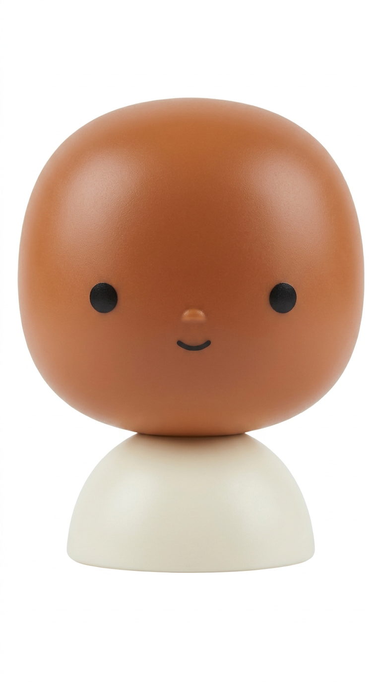 A cute 3D toy figurine head, isolated on pure white background.

Style: Like a vinyl collectible toy (Pop Mart / Kewpie doll style), NOT realistic, NOT semi-realistic. Extremely simplified minimal face.

Face details (keep VERY simple):
- Two small simple black dot eyes (no eyebrows, no eyelashes, no realistic eye detail)
- No nose, or just a tiny bump
- A simple curved line smile, closed mouth
- No wrinkles, no skin texture, no realistic shading on face

Head: Large round oversized head (70% of total figure height), smooth matte-glossy plastic surface like a toy

Body: small simple rounded dome shape for shoulders, solid flat color

Lighting: soft, even, toy-photography style studio lighting

Color: warm brown skin tone, [لون الجسم]

Absolutely avoid: realistic facial features, human-like skin texture, detailed eyes, uncanny valley look, realistic proportions

Output: simple cute toy figurine, transparent or white background, no text