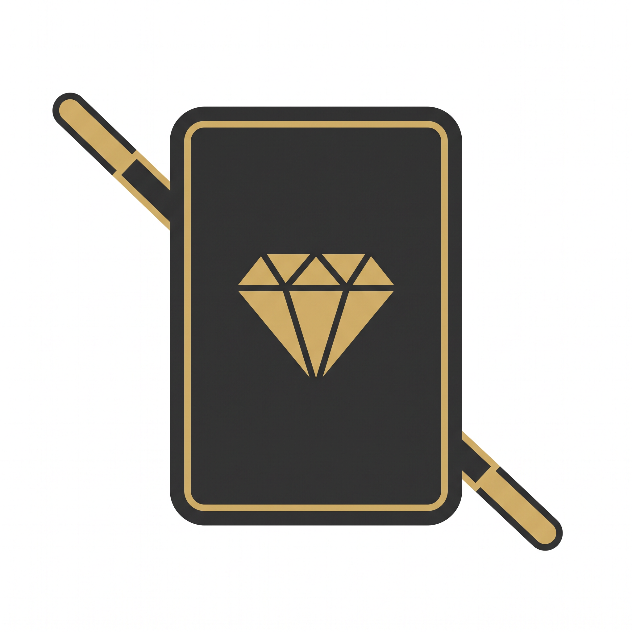AI Design for An ultra-premium minimalist logo icon. Only a sleek, deep black playing card with a thin gold border and a bright gold diamond in the center. A thin, elegant, rounded gold and black magic wand crosses diagonally *behind* the card, out of frame. The card slightly overlaps the wand. No text, no typography, no words, no names. Flat vector style, smooth matte gold and charcoal black, pure white background, sophisticated magic theme, professional visual identity, strikingly elegant. --no text, letters, words, typography, names
