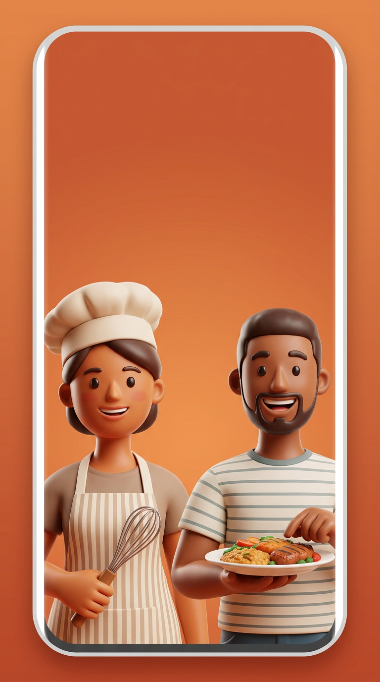 Create a 3D rendered character illustration in a playful, toy-like style, similar to modern app onboarding illustrations.

Style specifications:
- 3D clay/toy render style (like Pixar-adjacent mobile app illustrations)
- Smooth, rounded, glossy surfaces with soft studio lighting
- Warm, friendly, approachable character design
- Slightly oversized head proportions (stylized, not realistic)
- Soft shadows and subtle highlights giving a "glossy plastic/clay" finish
- Clean solid-color or gradient background (no clutter)

Character concept for HomeyChef (a home-cooking delivery platform connecting home chefs with customers):
- Two characters side by side: 
  1. A home chef character — wearing a simple chef hat or apron, warm welcoming expression, mid-30s appearance
  2. A happy customer character — casual look, holding or reaching toward a plate of food, genuine smile

Color palette:
- Background: [ضع لون هوية HomeyChef هون — مثلاً warm orange/terracotta tone]
- Skin tones: warm and diverse
- Clothing: incorporate HomeyChef brand colors as accents (apron color, shirt color)

Composition:
- Characters positioned in lower-third of frame, cropped at chest/shoulders
- Camera angle: slight low angle, characters looking friendly toward viewer
- Leave upper two-thirds of frame empty for text overlay
- Square or portrait aspect ratio (mobile app screen, 9:19.5)

Mood: warm, trustworthy, homely, appetizing — this represents connecting home cooks with people who want authentic home-cooked meals delivered to them.

No text, no logos, no watermarks in the image.