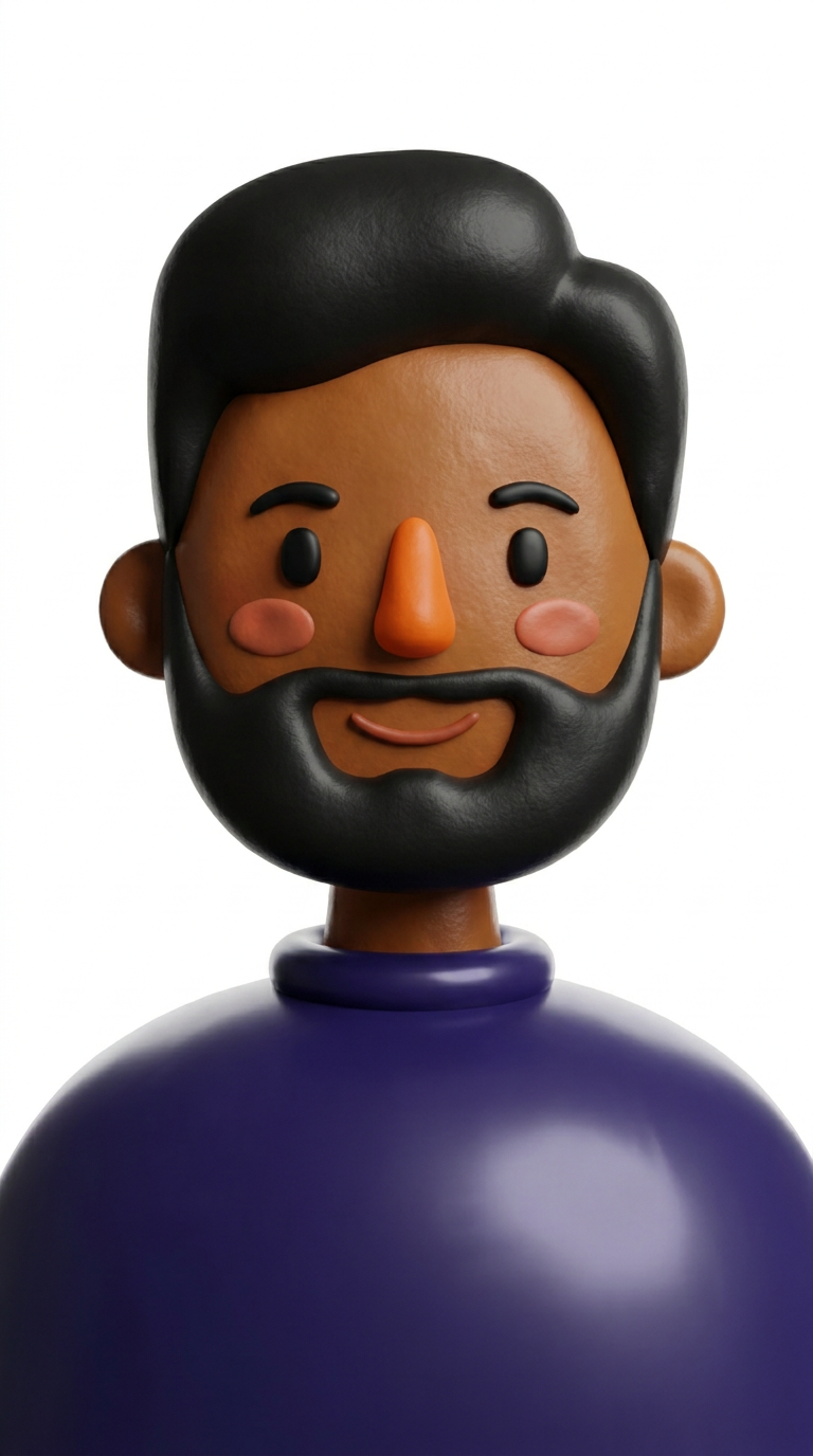 3D claymation style, a male customer character, bronze/brown skin, black short hair and thick black beard, orange nose, rosy cheeks, simple black eyes, slight smile, wearing a dark blue/purple shirt, glossy plastic texture, bright studio lighting, white background, highly detailed, cute character design.