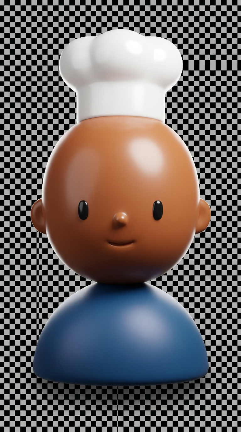 Create a single 3D clay-render character bust, isolated on a fully transparent background (PNG, alpha channel).

Style — CRITICAL, match exactly:
- Ultra-smooth 3D clay/toy material, extremely glossy plastic-like surface
- Head is dramatically oversized compared to the body (chibi-style proportion, like a bobblehead)
- Body is a simple, minimal rounded shape (like a dome/half-sphere) representing shoulders/collar — NOT detailed clothing, just a solid smooth color shape
- Soft top-down studio lighting: bright specular highlight on top of the head, gentle gradient shading, soft shadow underneath
- Simple facial features: small dot or oval eyes, tiny simple nose, subtle closed or gentle smile — minimal, not overly expressive
- Skin: smooth warm brown, matte-glossy finish

Character identity element (a white chef hat (toque) on top of the head):
[هون حط الصفة المميزة، مثلاً: "a chef hat" أو "round glasses" أو "a colorful halo shape behind the head"]

Color:
- Skin: warm brown tone
- Body/collar shape: [حط لون هوية HomeyChef هون]

Framing:
- Bust/head shot only, cropped at upper chest
- Centered, generous padding around subject
- Square canvas, high resolution
- Absolutely no background — pure transparency, no ground shadow, no scene elements

Output: isolated character only, transparent PNG, no text, no logo, no watermark