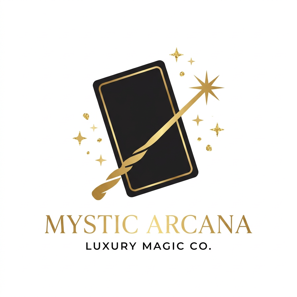 AI Design for A luxury logo design featuring a tilted black magic card with a thin gold border. A magical gold wizard wand crosses diagonally behind the card. Small magical gold sparkles, elegant minimalist vector, black and gold color palette, white background, flat design, mystical vibe.