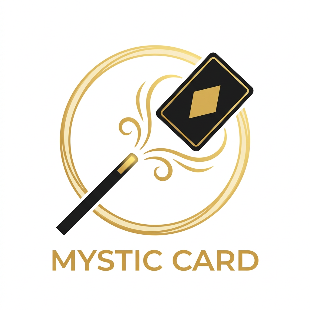 AI Design for A minimalist 2D flat vector logo featuring a stylized glowing magic wand conjuring a sleek black card. The card is tilted at an elegant angle, featuring a crisp gold border and a prominent gold diamond icon in the center. Surrounded by flowing, mystical gold energy lines, the design uses a sophisticated black and gold palette against a clean white background, rendered with clean lines and sharp vector precision.