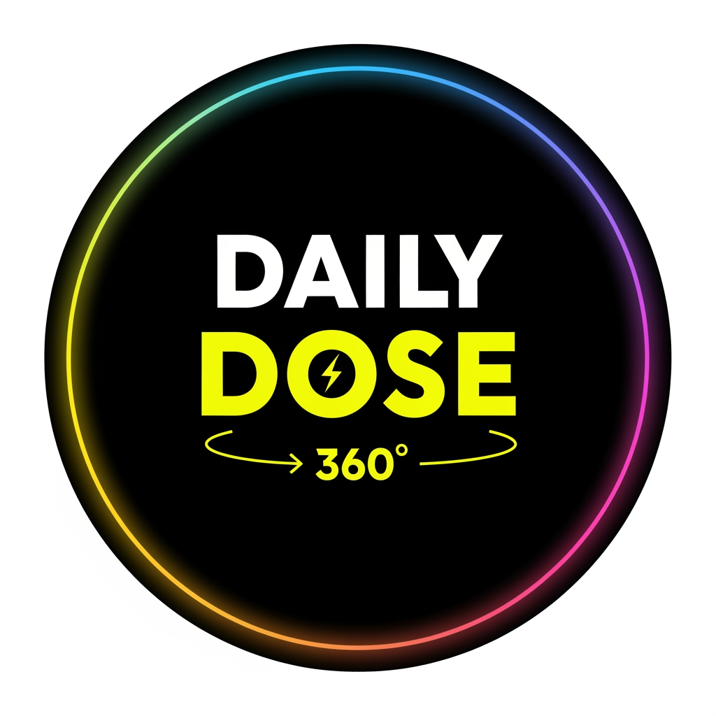 AI Design for Design a premium, modern circular logo for a digital news brand called DAILY DOSE 360. Use a matte black background with a thin neon gradient ring (electric blue, pink, and orange). Place DAILY in bold white uppercase and DOSE in neon yellow uppercase. Replace the "O" in DOSE with a bold yellow lightning bolt inside a black circle. Add a subtle 360° circular arrow beneath the text. Use clean geometric typography inspired by modern news brands. Keep the design minimal, flat, and vector-based with no extra icons, no category labels, and no unnecessary decorations. The logo should look premium, highly recognizable, and readable as a Facebook profile picture, YouTube channel logo, Instagram profile, app icon, and watermark.