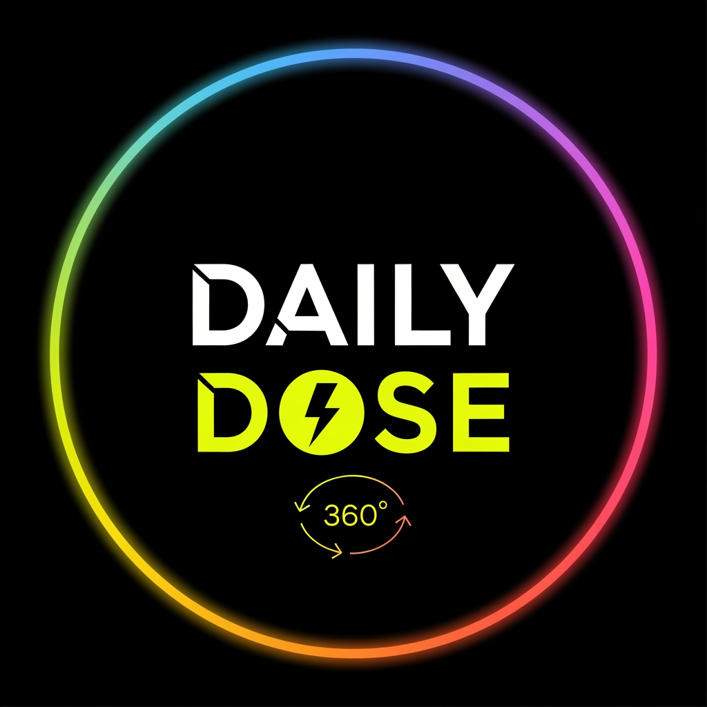 AI Design for Design a premium, modern circular logo for a digital news brand called DAILY DOSE 360. Use a matte black background with a thin neon gradient ring (electric blue, pink, and orange). Place DAILY in bold white uppercase and DOSE in neon yellow uppercase. Replace the "O" in DOSE with a bold yellow lightning bolt inside a black circle. Add a subtle 360° circular arrow beneath the text. Use clean geometric typography inspired by modern news brands. Keep the design minimal, flat, and vector-based with no extra icons, no category labels, and no unnecessary decorations. The logo should look premium, highly recognizable, and readable as a Facebook profile picture, YouTube channel logo, Instagram profile, app icon, and watermark.