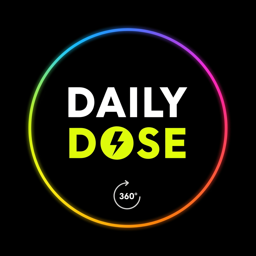 AI Design for Design a premium, modern circular logo for a digital news brand called DAILY DOSE 360. Use a matte black background with a thin neon gradient ring (electric blue, pink, and orange). Place DAILY in bold white uppercase and DOSE in neon yellow uppercase. Replace the "O" in DOSE with a bold yellow lightning bolt inside a black circle. Add a subtle 360° circular arrow beneath the text. Use clean geometric typography inspired by modern news brands. Keep the design minimal, flat, and vector-based with no extra icons, no category labels, and no unnecessary decorations. The logo should look premium, highly recognizable, and readable as a Facebook profile picture, YouTube channel logo, Instagram profile, app icon, and watermark.