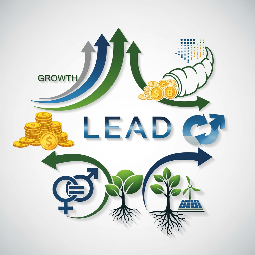 AI Design for LEAD should be in the center and background should be consist of the economic symbol of growth, prosperity, gender equality, sustainable aspects . so overall the logo should majorly deals with the development the logo should be more attractive and meaningfull