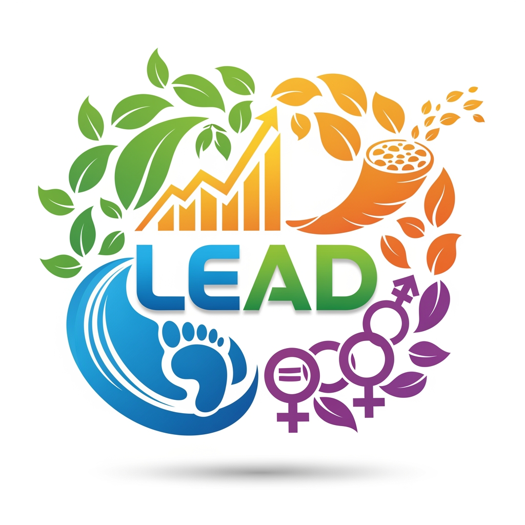 AI Design for LEAD should be in the center and background should be consist of the economic symbol of growth, prosperity, gender equality, sustainable aspects . so overall the logo should majorly deals with the development the logo should be more attractive and meaningfull