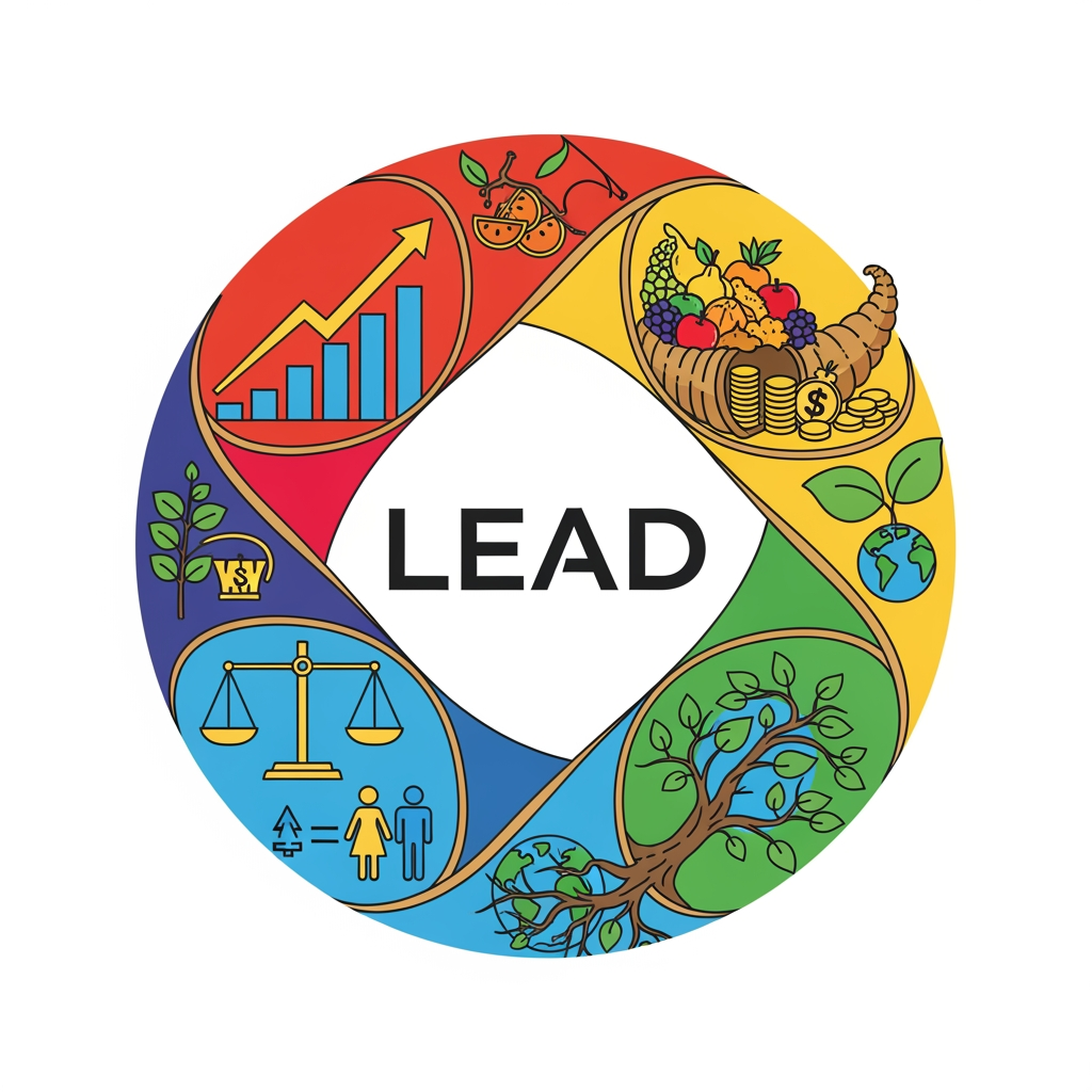 AI Design for LEAD should be in the center and background should be consist of the economic symbol of growth, prosperity, gender equality, sustainable aspects . so overall the logo should majorly deals with the development the logo should be more attractive and meaningfull