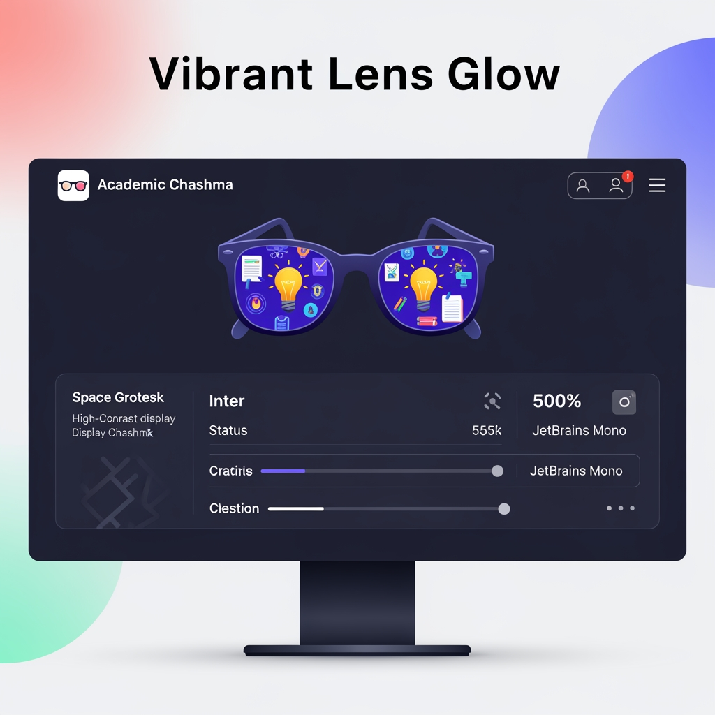 AI Design for 🎨 Visual Identity & Aesthetic Pairings
The "Vibrant Lens Glow" Theme: Set against a deep, eye-safe slate canvas (slate-950), the application features responsive top-ambient gradients that dynamically shift as you wear different glasses.
Academic Chashma Logo: Used the generate_image tool to create a sleek, modern vector logo of geeky glasses reflecting bright lightbulbs and study icons (placed directly in the header).
Typography pairing: Paired the high-contrast display font Space Grotesk for headings with Inter for readable content and JetBrains Mono for status metrics.
👓 Core Features & Interactive Capabilities
Four Dynamic Lenses: Wear different spectacle lenses to focus on specialized fields:
⚡ STEM Specs (Electric Turquoise theme): Science, future AI, space, and code.
🎨 Creative Maverick (Hot Pink theme): Design, gaming, and story-tech.
🌱 Impact Pioneer (Emerald Lime theme): Sustainability, ecology, and wellness.
🔮 Maverick Monocle (Sunburst Amber theme): Indie hacking, creators, and hybrid roles.
Dynamic Career vision Analyzer: A full-stack pipeline powered by the server-side Gemini 3.5 Flash model. Students enter their study level, major, and passions, then trigger an AI vision scan to find tailored, funky career titles (e.g., VR Space Architect, Eco-Coder).
Bento-Grid Path cards: Displays discovered career paths with detailed "Chashma Vision" briefs, surprise "Cool Factors," salary/autonomy badges, and interactive task checklists.
Persistent Opportunity Drawer: An integrated local database using browser state and localStorage so students can save their favorite pathways and monitor their exploration progress.
Copyable Logo Prompts Companion: A dedicated tab containing highly customized generative text prompts (Vibrant Neon Retro, Minimalist Glass, 3D Claymorphic, Cyberpunk HUD) ready to be copied into image generators to create alternative logo assets.