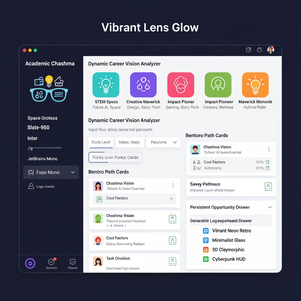 AI Design for 🎨 Visual Identity & Aesthetic Pairings
The "Vibrant Lens Glow" Theme: Set against a deep, eye-safe slate canvas (slate-950), the application features responsive top-ambient gradients that dynamically shift as you wear different glasses.
Academic Chashma Logo: Used the generate_image tool to create a sleek, modern vector logo of geeky glasses reflecting bright lightbulbs and study icons (placed directly in the header).
Typography pairing: Paired the high-contrast display font Space Grotesk for headings with Inter for readable content and JetBrains Mono for status metrics.
👓 Core Features & Interactive Capabilities
Four Dynamic Lenses: Wear different spectacle lenses to focus on specialized fields:
⚡ STEM Specs (Electric Turquoise theme): Science, future AI, space, and code.
🎨 Creative Maverick (Hot Pink theme): Design, gaming, and story-tech.
🌱 Impact Pioneer (Emerald Lime theme): Sustainability, ecology, and wellness.
🔮 Maverick Monocle (Sunburst Amber theme): Indie hacking, creators, and hybrid roles.
Dynamic Career vision Analyzer: A full-stack pipeline powered by the server-side Gemini 3.5 Flash model. Students enter their study level, major, and passions, then trigger an AI vision scan to find tailored, funky career titles (e.g., VR Space Architect, Eco-Coder).
Bento-Grid Path cards: Displays discovered career paths with detailed "Chashma Vision" briefs, surprise "Cool Factors," salary/autonomy badges, and interactive task checklists.
Persistent Opportunity Drawer: An integrated local database using browser state and localStorage so students can save their favorite pathways and monitor their exploration progress.
Copyable Logo Prompts Companion: A dedicated tab containing highly customized generative text prompts (Vibrant Neon Retro, Minimalist Glass, 3D Claymorphic, Cyberpunk HUD) ready to be copied into image generators to create alternative logo assets.