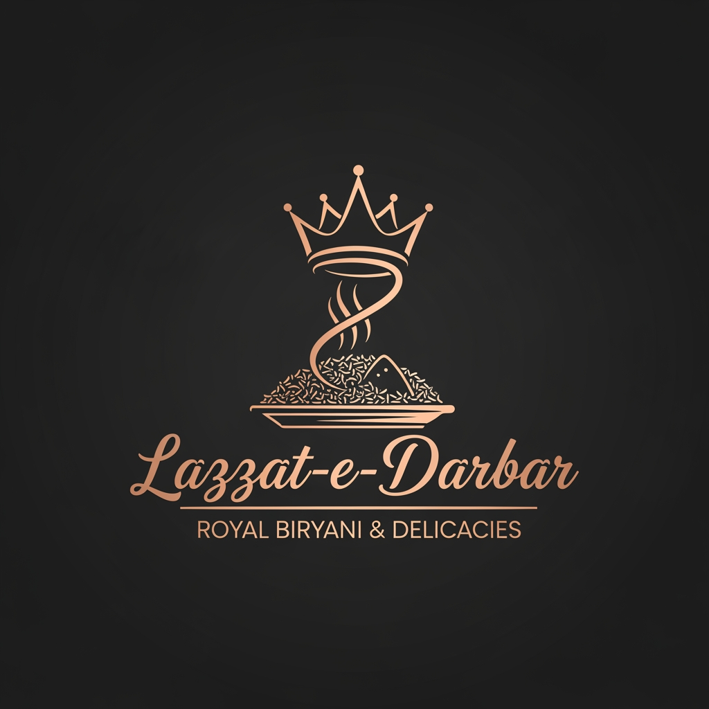 AI Design for Concept 2: The Minimalist Crown (Modern Luxury)
Perfect if you want a clean, sleek, and highly scalable design that looks amazing on delivery boxes and social media profiles.
The Icon: A clever fusion icon where the steam rising from a biryani plate gently loops upwards to form the abstract shape of a Royal Crown. It’s clever, subtle, and eye-catching.
Typography: A customized, elegant script or semi-calligraphic font for "Lazzat-e-Darbar" to give it a personal, handcrafted feel.
The Tagline: Positioned directly underneath the brand name, separated by a thin gold horizontal line.
Color Palette: Matte Black or Deep Charcoal background with Warm Rose Gold or Champagne Gold accents.