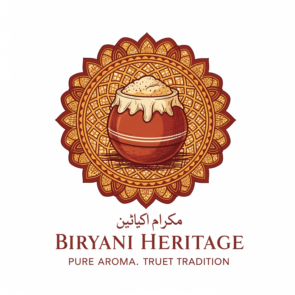 AI Design for Concept 3: The Handcrafted Heritage (Warm & Approachable)
This emphasizes the slow-cooked, authentic, and comforting nature of the biryani.
The Icon: A beautiful, intricate Mandala or Mughal jali (lattice) pattern framing a central illustration of a traditional handi sealed with dough (dum cooking).
Typography: Bold, clean, and elegant. You can feature the name prominently in English, with a tiny, beautiful Urdu calligraphy version of "لذتِ دربار" subtly integrated right above it.
The Tagline: Written in all-caps, widely spaced out at the very bottom: P U R E A R O M A . T R U E T R A D I T I O N .
Color Palette: Rich Terracotta Red/Burgundy and Warm Mustard Yellow/Gold. This palette is scientifically proven to stimulate appetite!