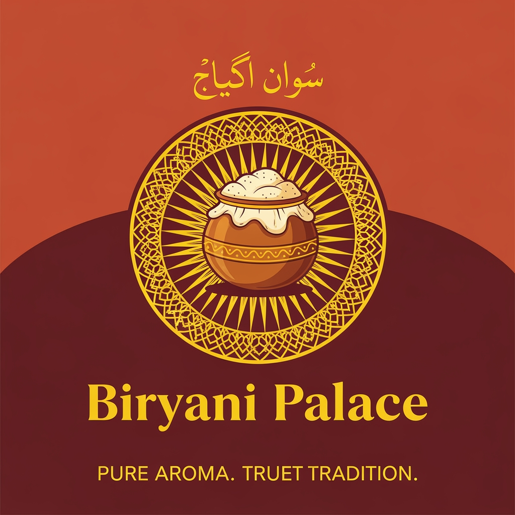 AI Design for Concept 3: The Handcrafted Heritage (Warm & Approachable)
This emphasizes the slow-cooked, authentic, and comforting nature of the biryani.
The Icon: A beautiful, intricate Mandala or Mughal jali (lattice) pattern framing a central illustration of a traditional handi sealed with dough (dum cooking).
Typography: Bold, clean, and elegant. You can feature the name prominently in English, with a tiny, beautiful Urdu calligraphy version of "لذتِ دربار" subtly integrated right above it.
The Tagline: Written in all-caps, widely spaced out at the very bottom: P U R E A R O M A . T R U E T R A D I T I O N .
Color Palette: Rich Terracotta Red/Burgundy and Warm Mustard Yellow/Gold. This palette is scientifically proven to stimulate appetite!