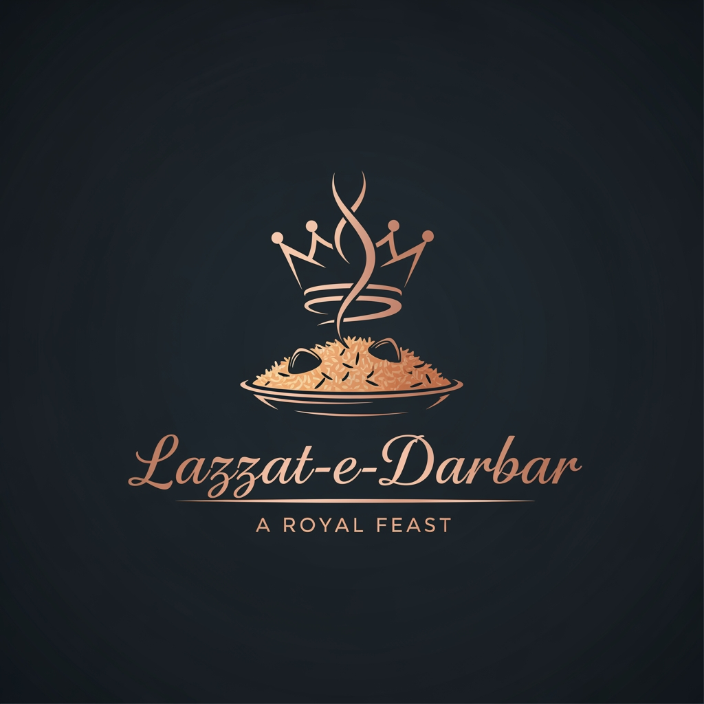 AI Design for Concept 2: The Minimalist Crown (Modern Luxury)
Perfect if you want a clean, sleek, and highly scalable design that looks amazing on delivery boxes and social media profiles.
The Icon: A clever fusion icon where the steam rising from a biryani plate gently loops upwards to form the abstract shape of a Royal Crown. It’s clever, subtle, and eye-catching.
Typography: A customized, elegant script or semi-calligraphic font for "Lazzat-e-Darbar" to give it a personal, handcrafted feel.
The Tagline: Positioned directly underneath the brand name, separated by a thin gold horizontal line.
Color Palette: Matte Black or Deep Charcoal background with Warm Rose Gold or Champagne Gold accents.