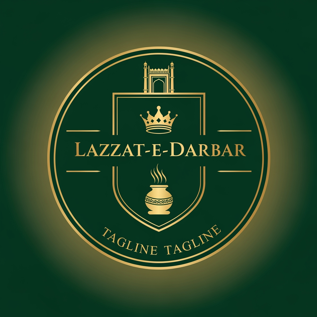 AI Design for Concept 1: The Royal Emblem (Classic & Premium)
This style looks like a royal seal, commanding trust and showcasing deep history.
The Icon: A circular or shield-shaped crest. Inside the crest, a minimalist silhouette of a handi (clay pot) with soft, elegant steam lines rising from it. Above the handi, a subtle Nawabi crown (Taj) or an Islamic arch (inspired by Lucknow’s Rumi Darwaza).
Typography: "Lazzat-e-Darbar" written in a sophisticated, clean Serif font (fonts with small lines at the ends of letters, like Cinzel or Playfair Display), giving it an antique yet premium look.
The Tagline: Curved neatly along the bottom edge of the circular crest in a clean, smaller sans-serif font.
Color Palette: Deep Emerald Green (background) and Metallic Gold (for the lines and text).