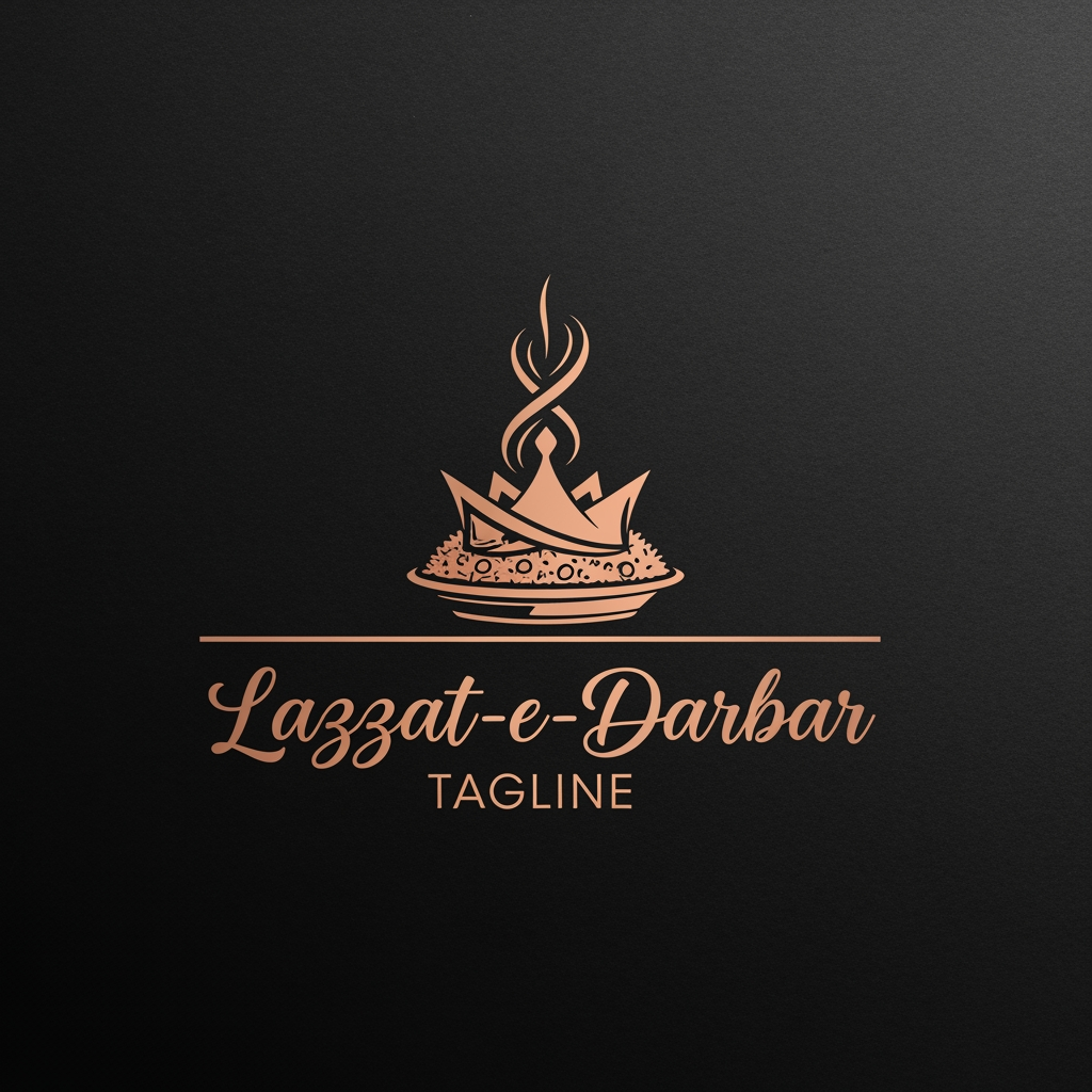 AI Design for Concept 2: The Minimalist Crown (Modern Luxury)
Perfect if you want a clean, sleek, and highly scalable design that looks amazing on delivery boxes and social media profiles.
The Icon: A clever fusion icon where the steam rising from a biryani plate gently loops upwards to form the abstract shape of a Royal Crown. It’s clever, subtle, and eye-catching.
Typography: A customized, elegant script or semi-calligraphic font for "Lazzat-e-Darbar" to give it a personal, handcrafted feel.
The Tagline: Positioned directly underneath the brand name, separated by a thin gold horizontal line.
Color Palette: Matte Black or Deep Charcoal background with Warm Rose Gold or Champagne Gold accents.