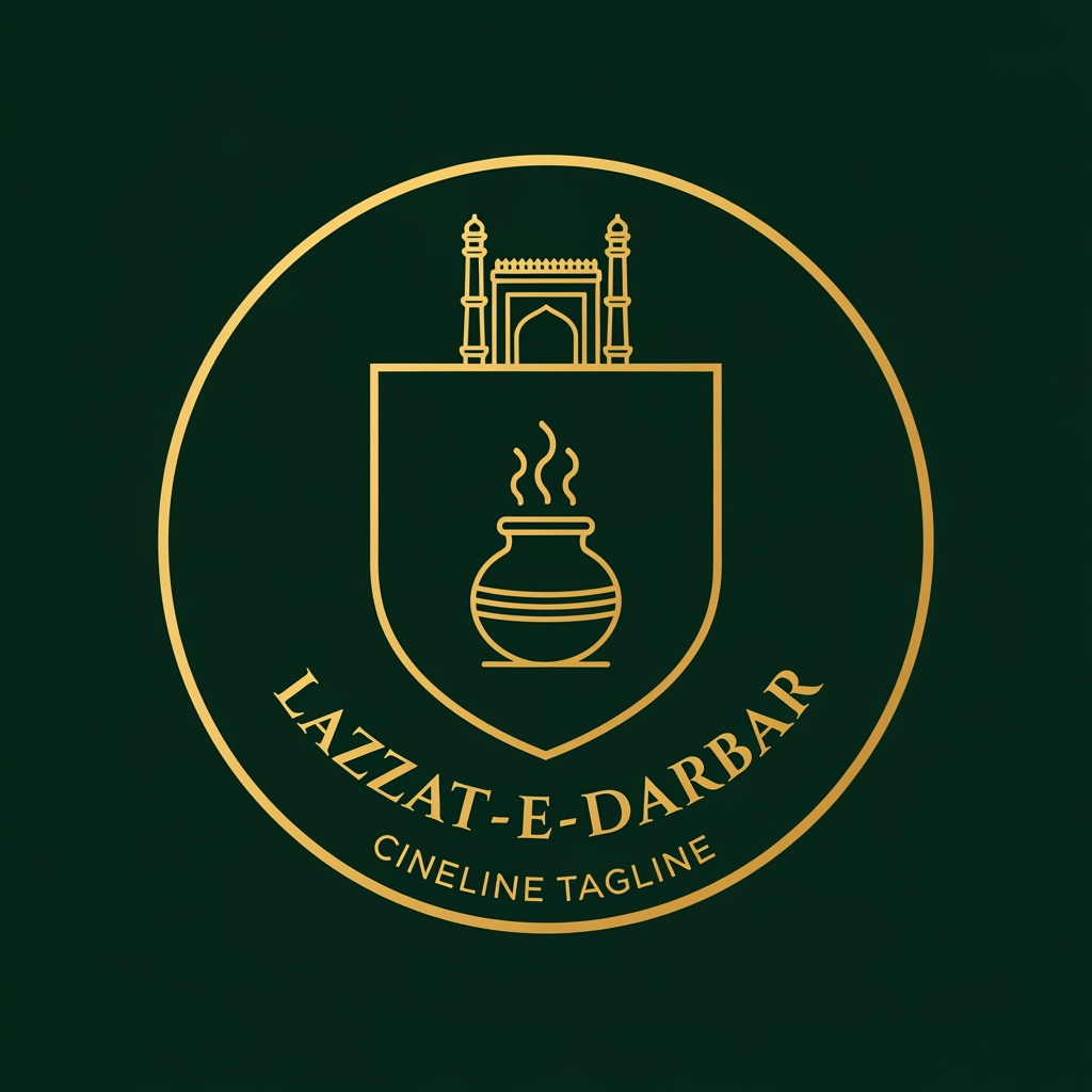 AI Design for Concept 1: The Royal Emblem (Classic & Premium)
This style looks like a royal seal, commanding trust and showcasing deep history.
The Icon: A circular or shield-shaped crest. Inside the crest, a minimalist silhouette of a handi (clay pot) with soft, elegant steam lines rising from it. Above the handi, a subtle Nawabi crown (Taj) or an Islamic arch (inspired by Lucknow’s Rumi Darwaza).
Typography: "Lazzat-e-Darbar" written in a sophisticated, clean Serif font (fonts with small lines at the ends of letters, like Cinzel or Playfair Display), giving it an antique yet premium look.
The Tagline: Curved neatly along the bottom edge of the circular crest in a clean, smaller sans-serif font.
Color Palette: Deep Emerald Green (background) and Metallic Gold (for the lines and text).