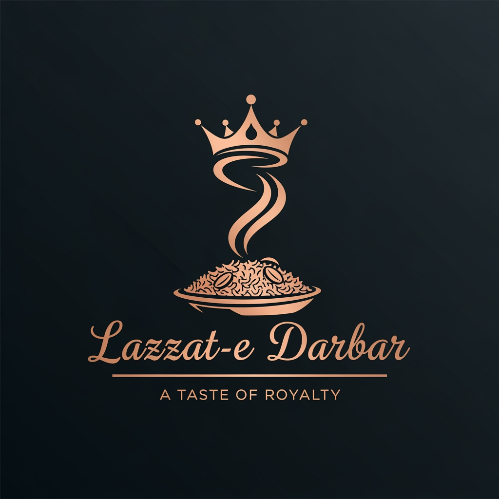AI Design for Concept 2: The Minimalist Crown (Modern Luxury)
Perfect if you want a clean, sleek, and highly scalable design that looks amazing on delivery boxes and social media profiles.
The Icon: A clever fusion icon where the steam rising from a biryani plate gently loops upwards to form the abstract shape of a Royal Crown. It’s clever, subtle, and eye-catching.
Typography: A customized, elegant script or semi-calligraphic font for "Lazzat-e-Darbar" to give it a personal, handcrafted feel.
The Tagline: Positioned directly underneath the brand name, separated by a thin gold horizontal line.
Color Palette: Matte Black or Deep Charcoal background with Warm Rose Gold or Champagne Gold accents.
